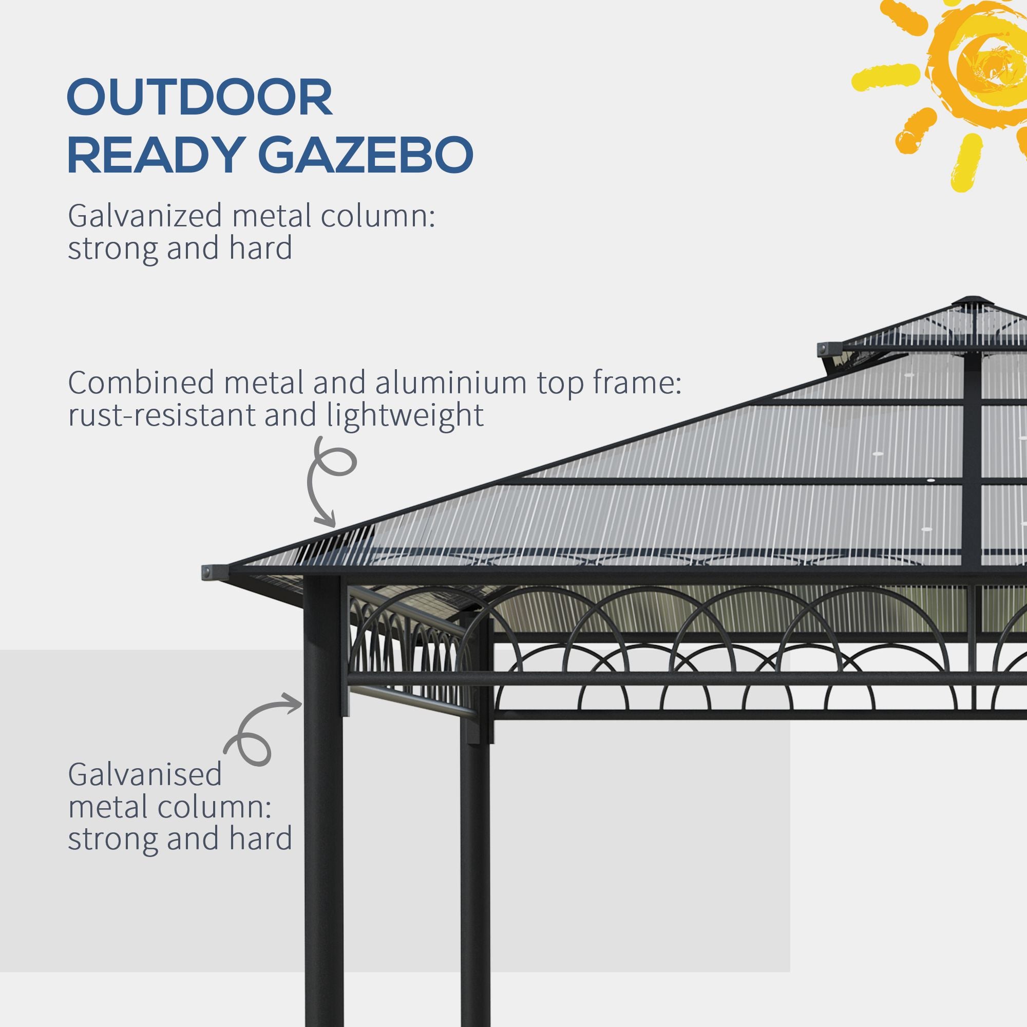 3 x 3 (m) Outdoor Polycarbonate Gazebo, Double Roof Hard Top Gazebo with Galvanized Steel Frame, Nettings & Curtains