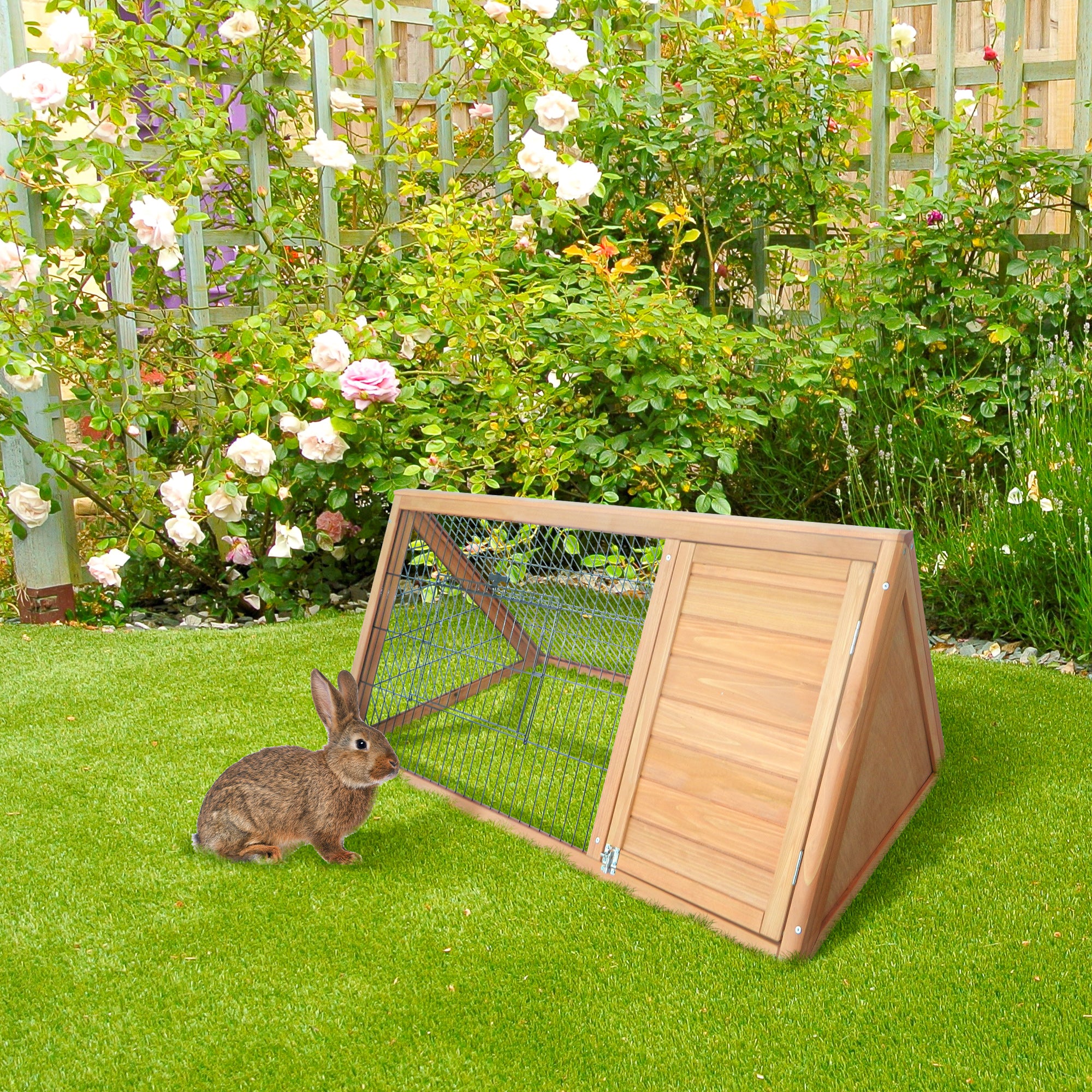 Wooden Rabbit Cage Small Animal Hutch w/ Outside Area - Yellow