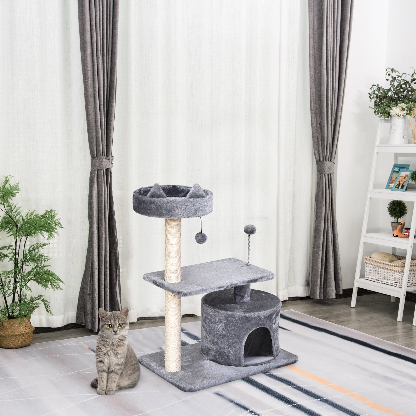 Cats 3-Tier Sisal Rope Scratching Post w/ Toys Grey