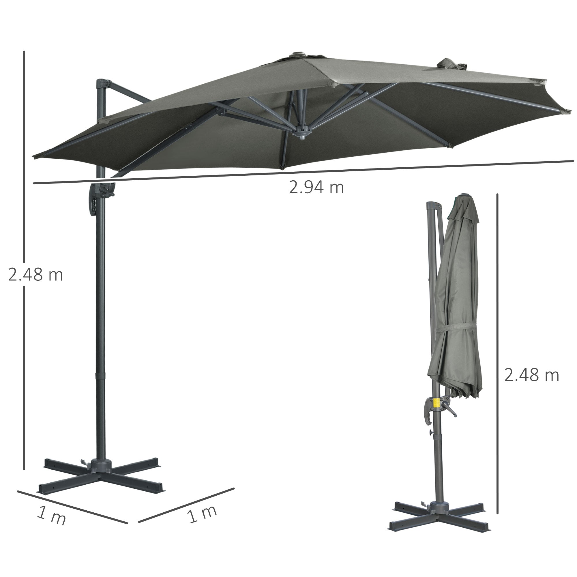 3 x 3(m) Cantilever Parasol with Cross Base, Garden Umbrella with 360° Rotation, Crank Handle and Tilt for Outdoor, Patio, Grey