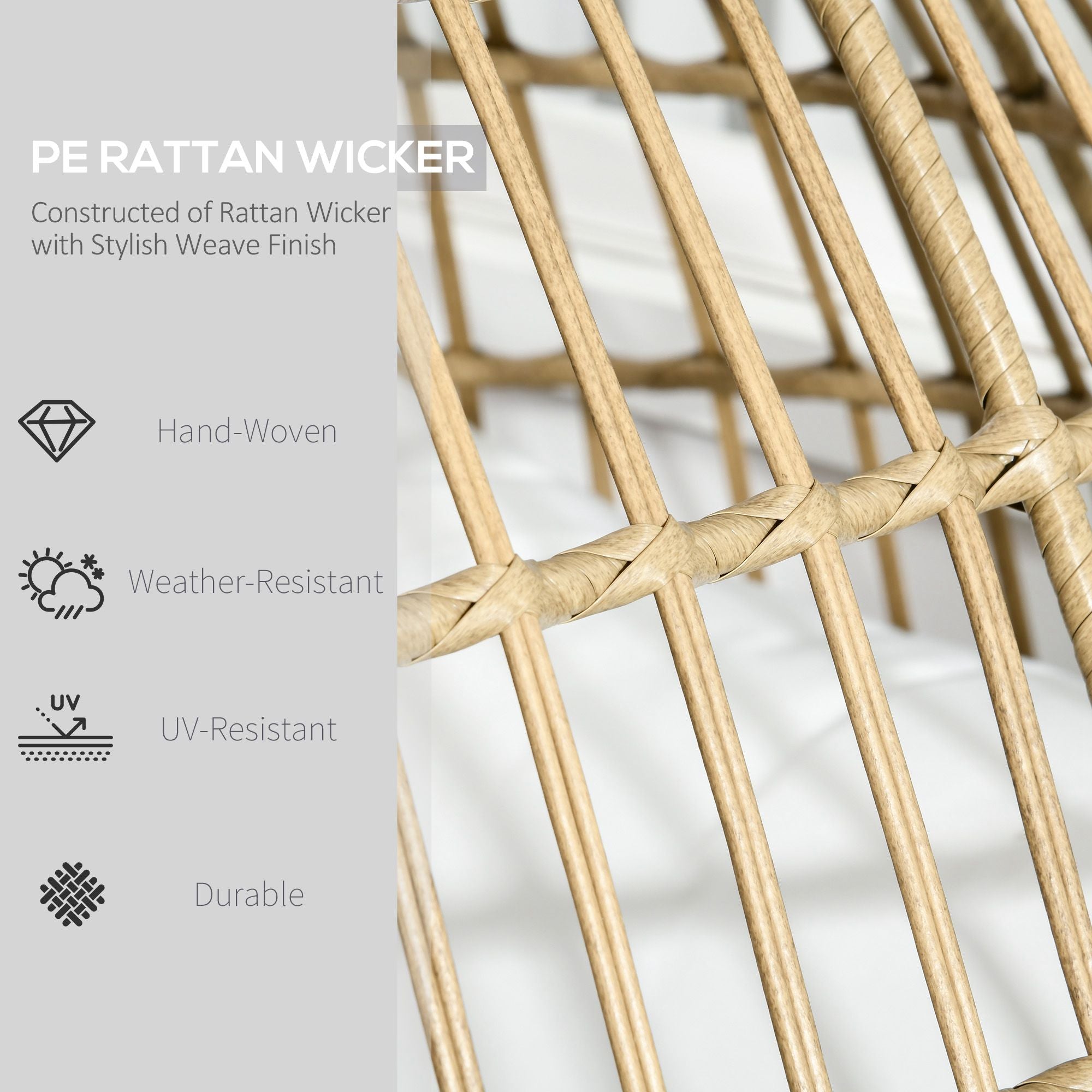 1 Seater PE Rattan Outdoor Egg Chair with Padded Cushions - Khaki