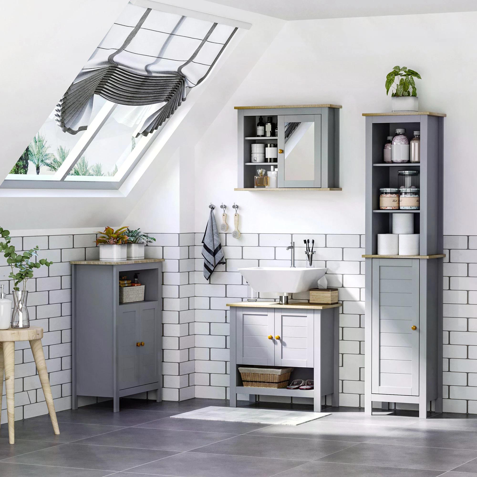 Bathroom Wall Mirror Storage Cabinet with Adjustable Shelves - Grey