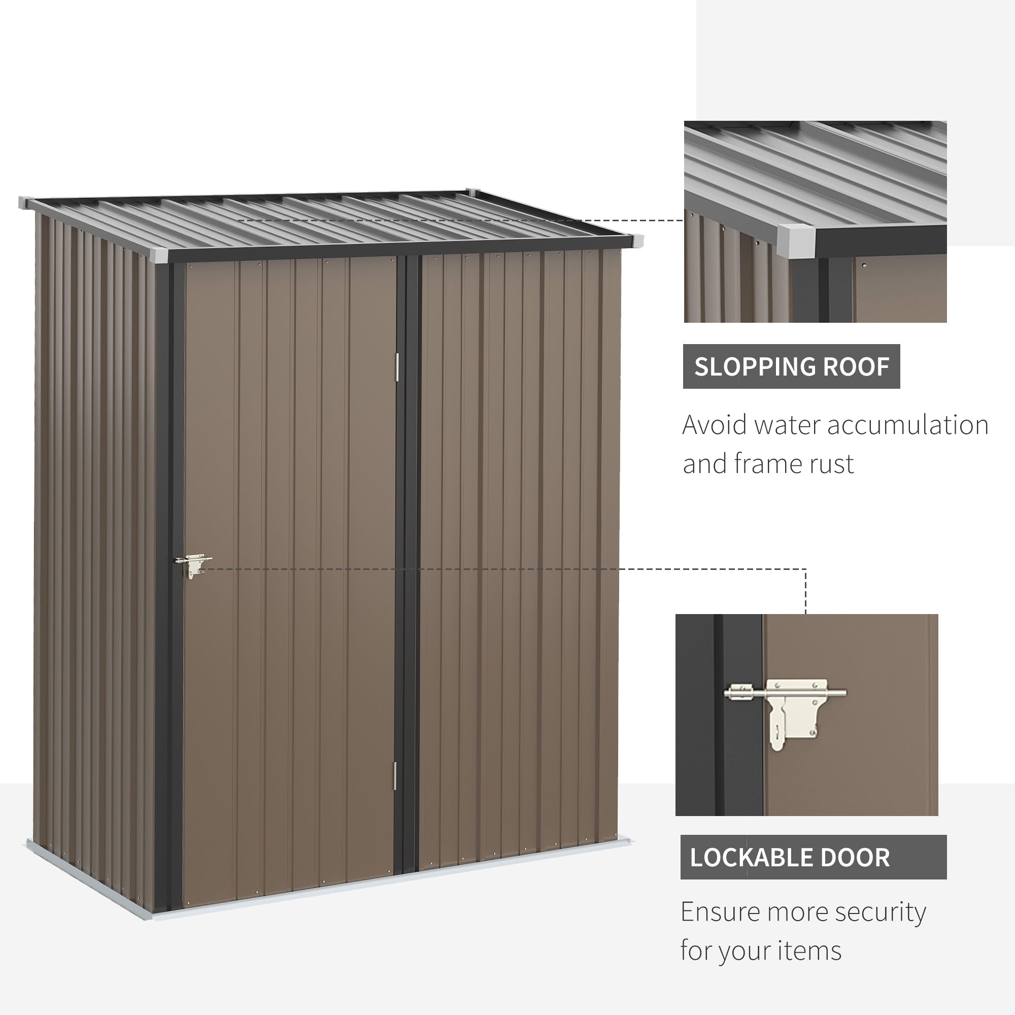 5 x 3 ft Metal Garden Storage Shed Patio Corrugated Steel Roofed Tool Shed with Single Lockable Door, Brown