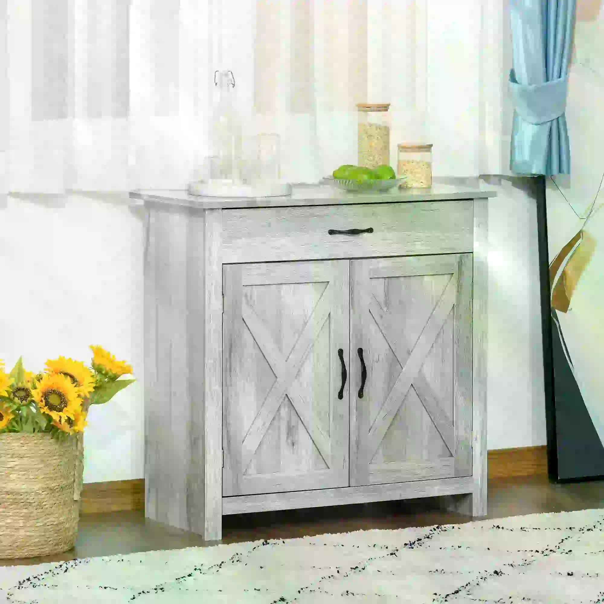 Farmhouse Barn Door Sideboard Storage Cabinet Coffee Bar for LIVING Room – Grey Grain