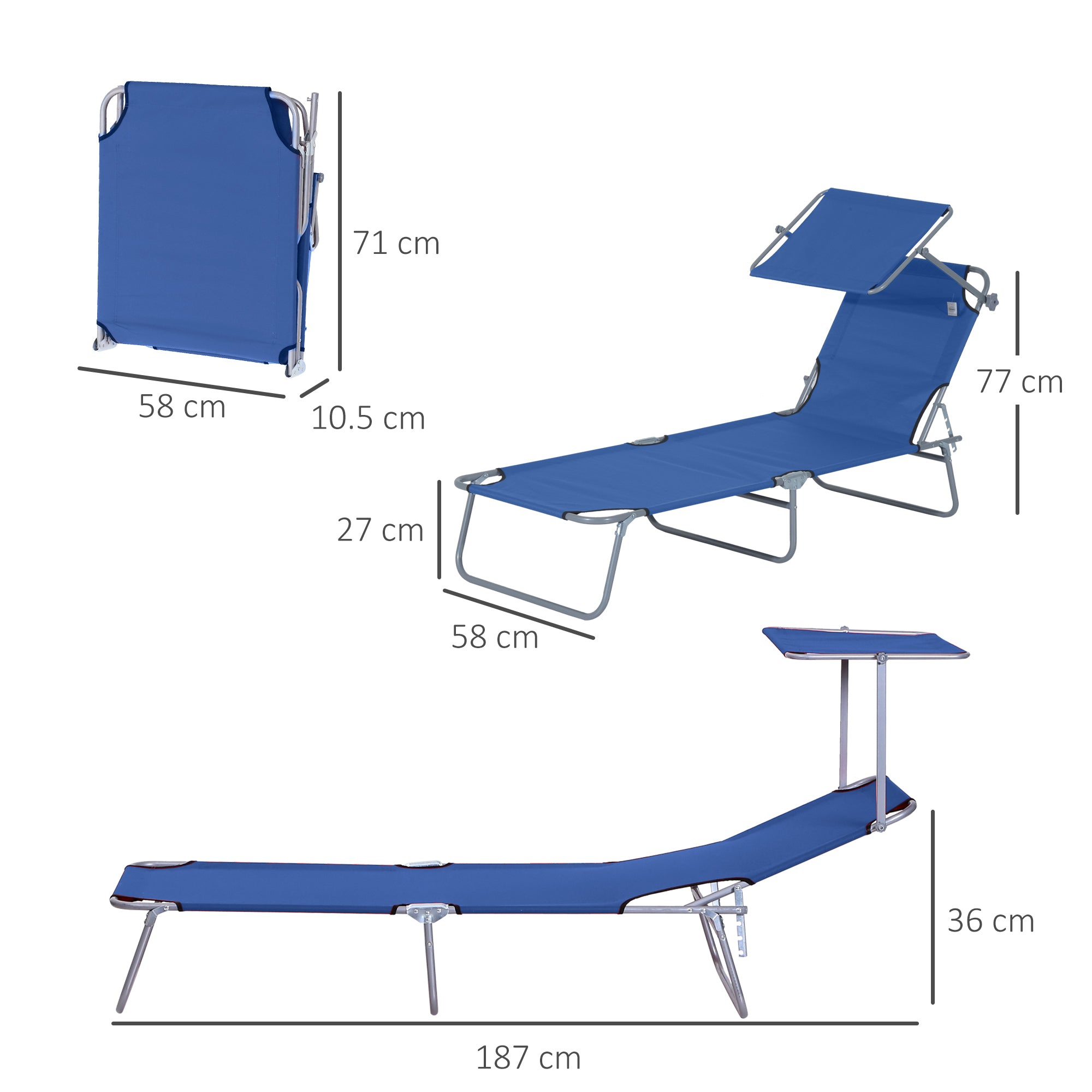 2 Pieces Foldable Sun Lounger Set with Removeable Shade Canopy, Patio Recliner with Adjustable Backrest with Mesh Fabric