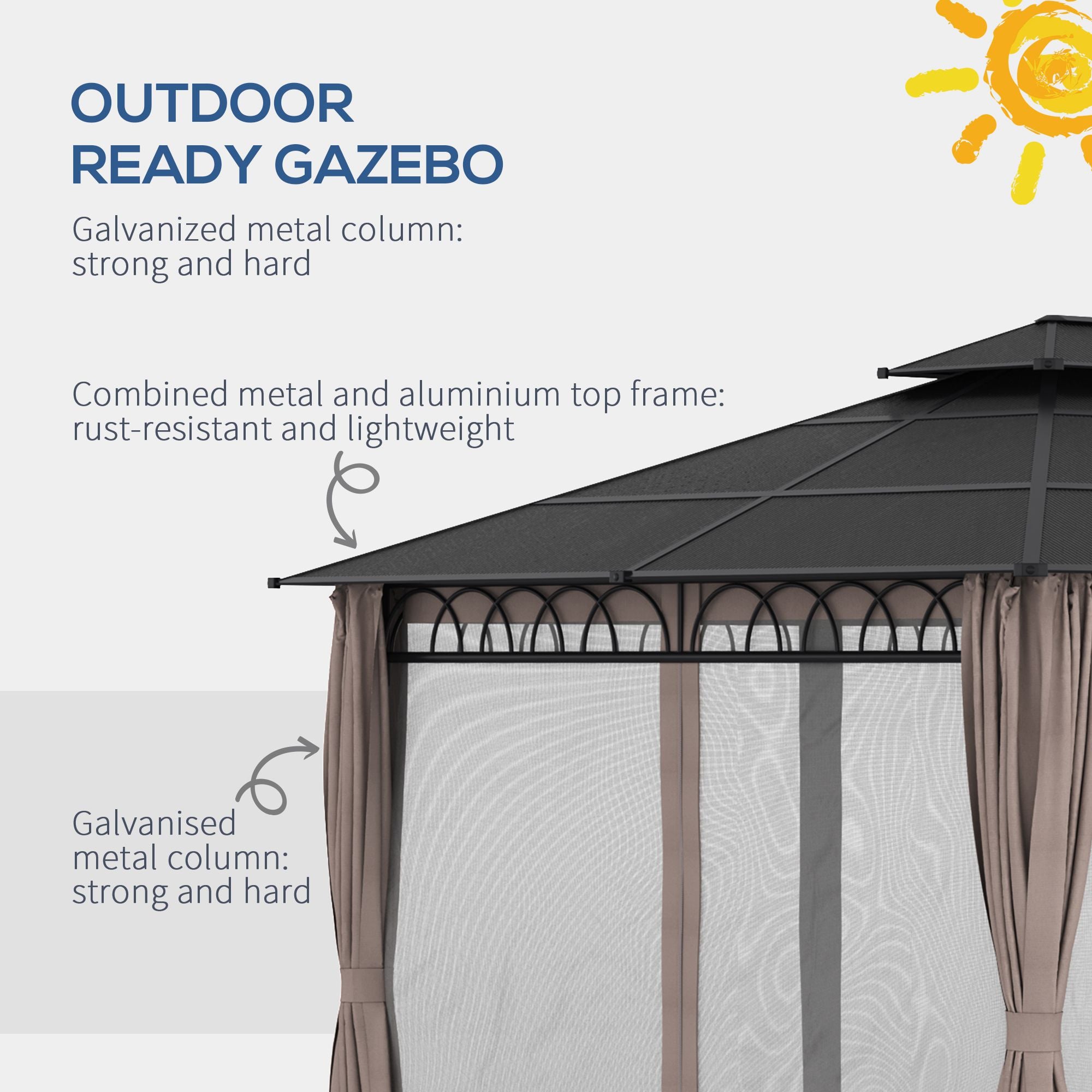 3.6 x 3 (m) Outdoor Polycarbonate Gazebo, Double Roof Hard Top Gazebo with Nettings & Curtains for Garden, Lawn, Patio