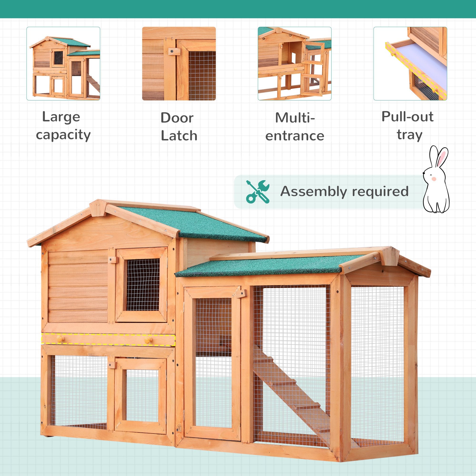 Rabbit 2 Tier Fir Wood Small Animal Hutch w/ Ramp Brown