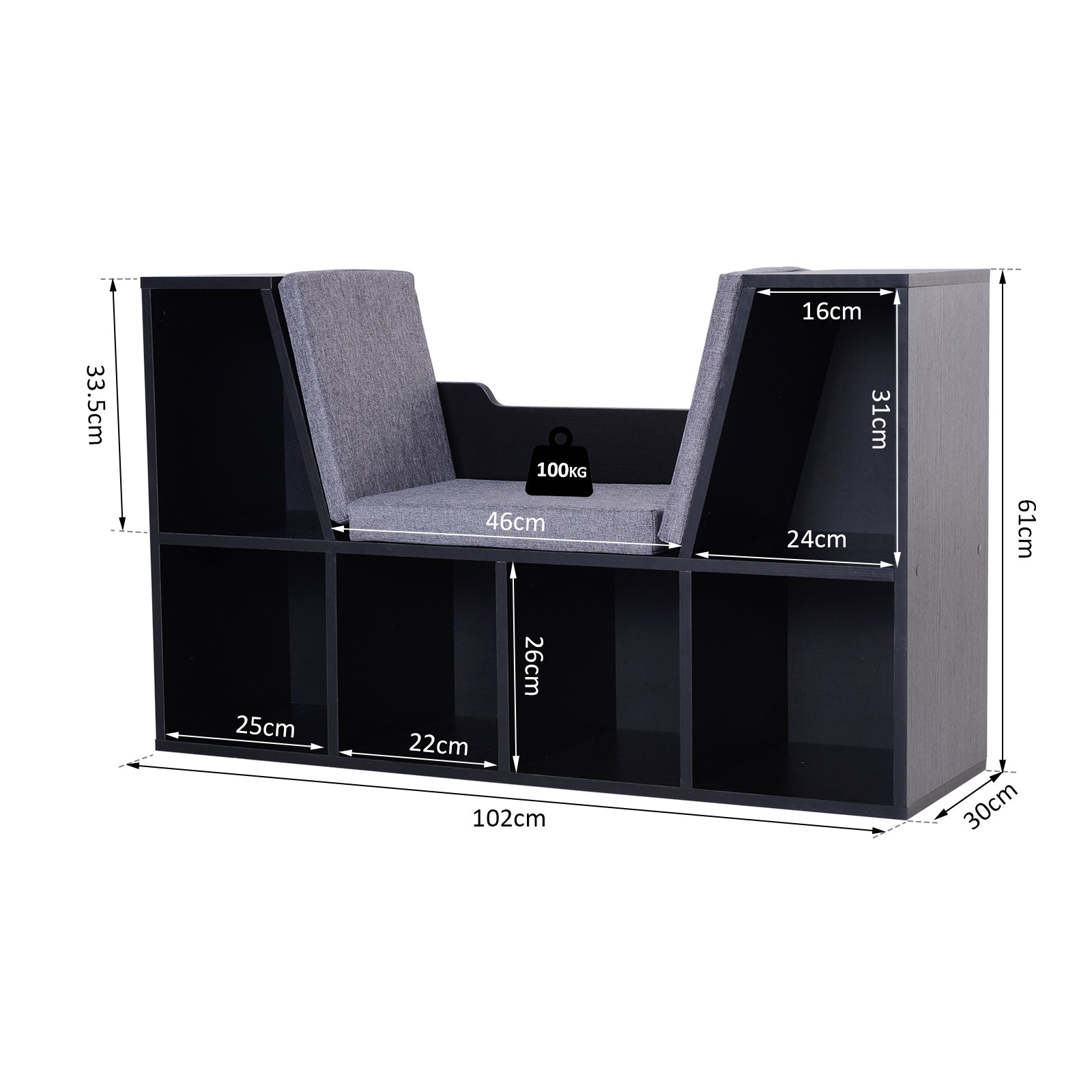 Bookcase Shelf Storage Seat with Cushion for Kids Bedroom and Living Room Organizer - Black