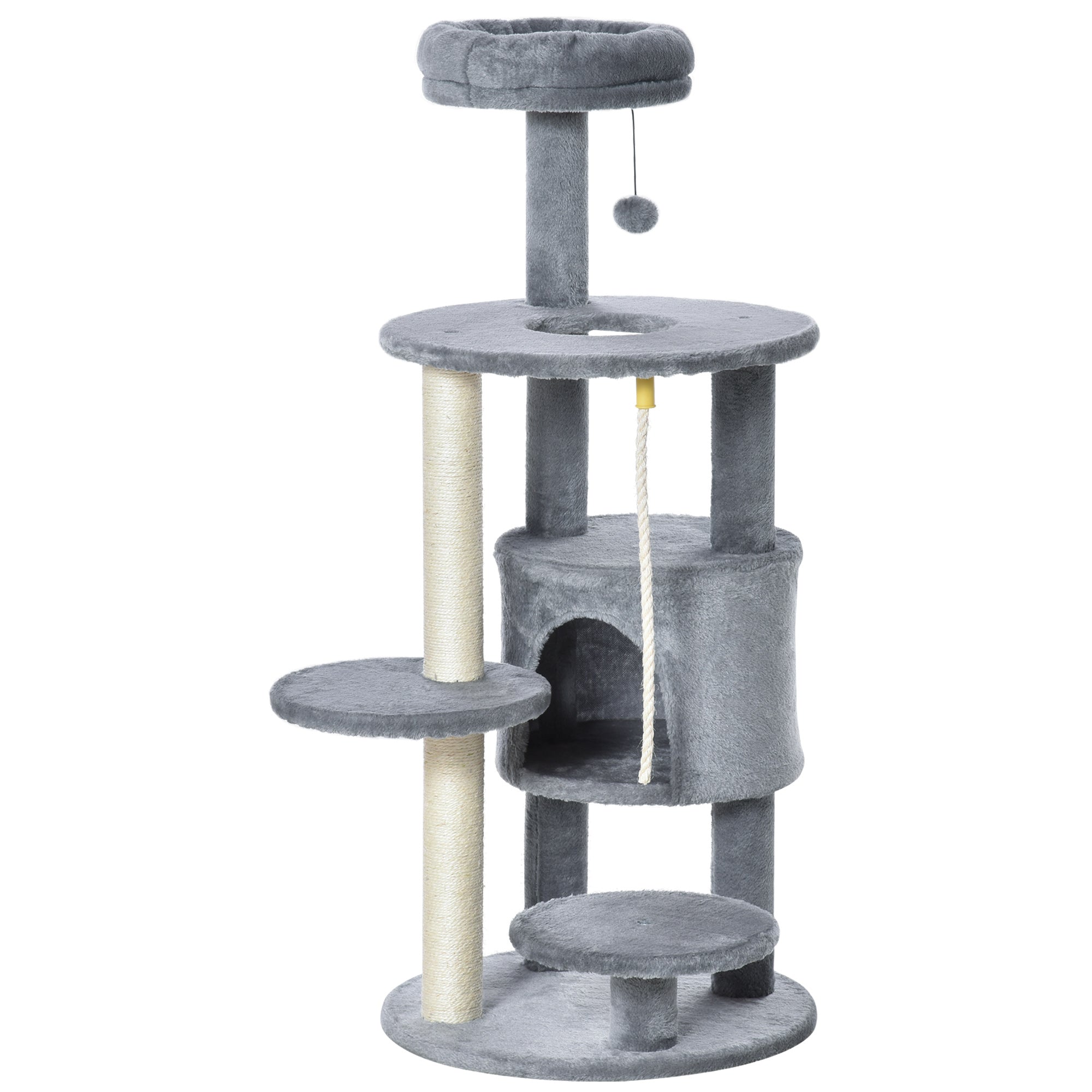 Cat Tree Tower 112cm Climbing Kitten Activity Center with Jute Scratching Post Perch Hanging Ball Toy Teasing Rope Dark grey