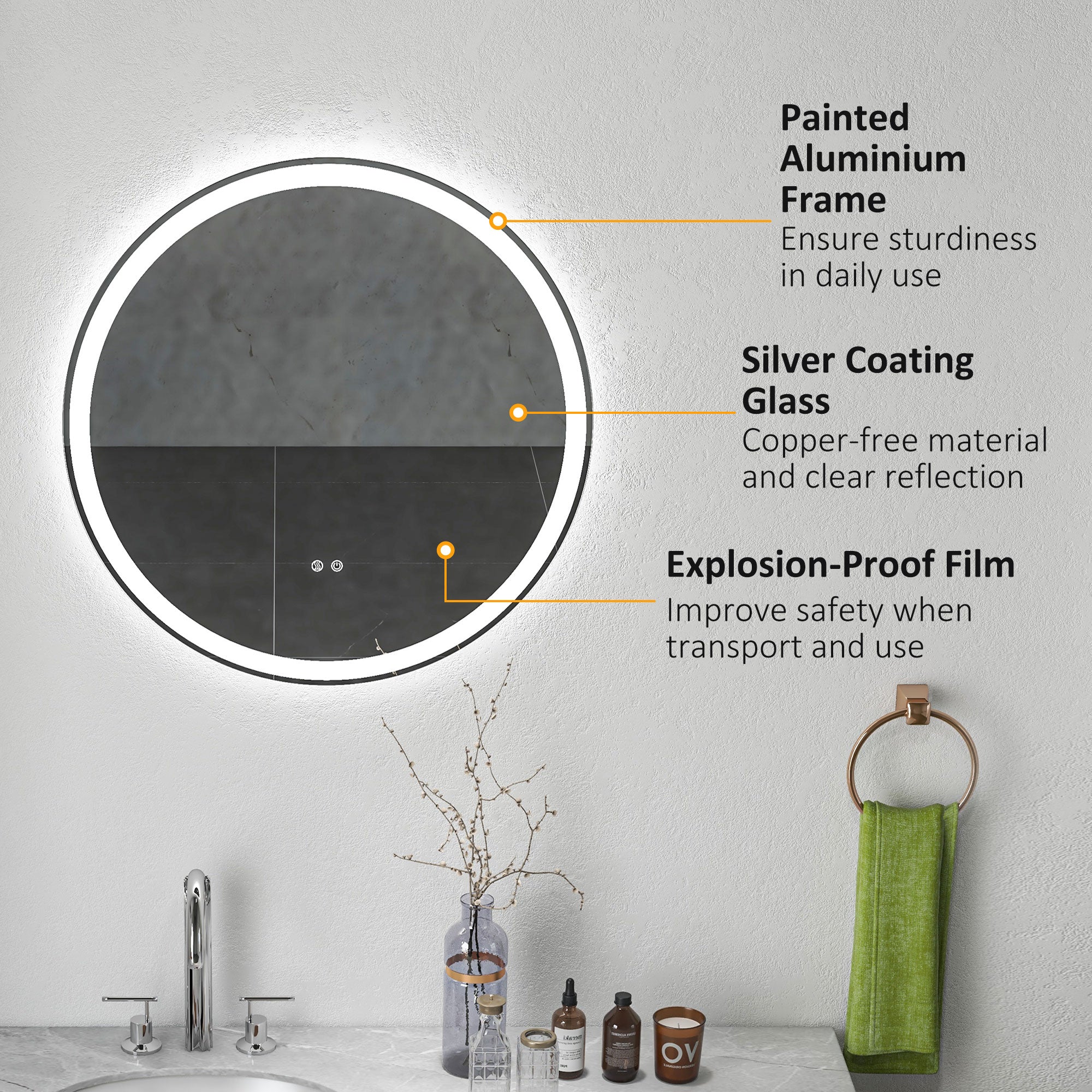 Round Bathroom Mirror with LED Lights, 3 Temperature Colours, Defogging Film, Aluminium Frame, Hardwired, 70 x 70 cm