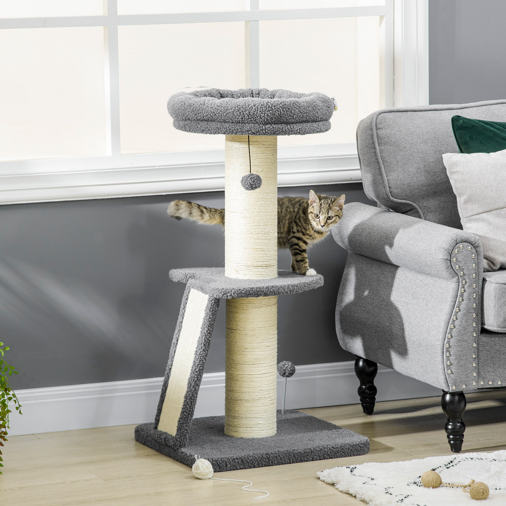 Cat Tree Cat Tower with Cat Scratching Posts, Pad, Bed, Toy Ball for Cats under 6 Kg, Dark Grey & Beige