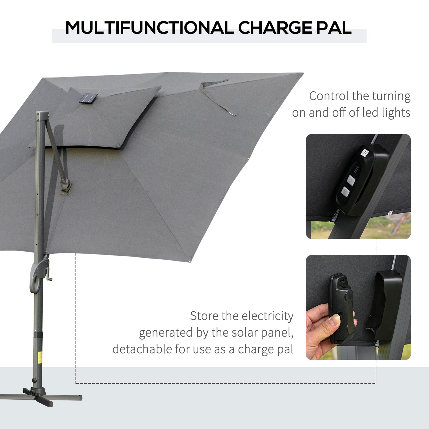 3 x 3(m) Cantilever Roma Parasol Garden Sun Umbrella Outdoor Patio with LED Solar Light Cross Base 360° Rotating for Backyard Dark Gray