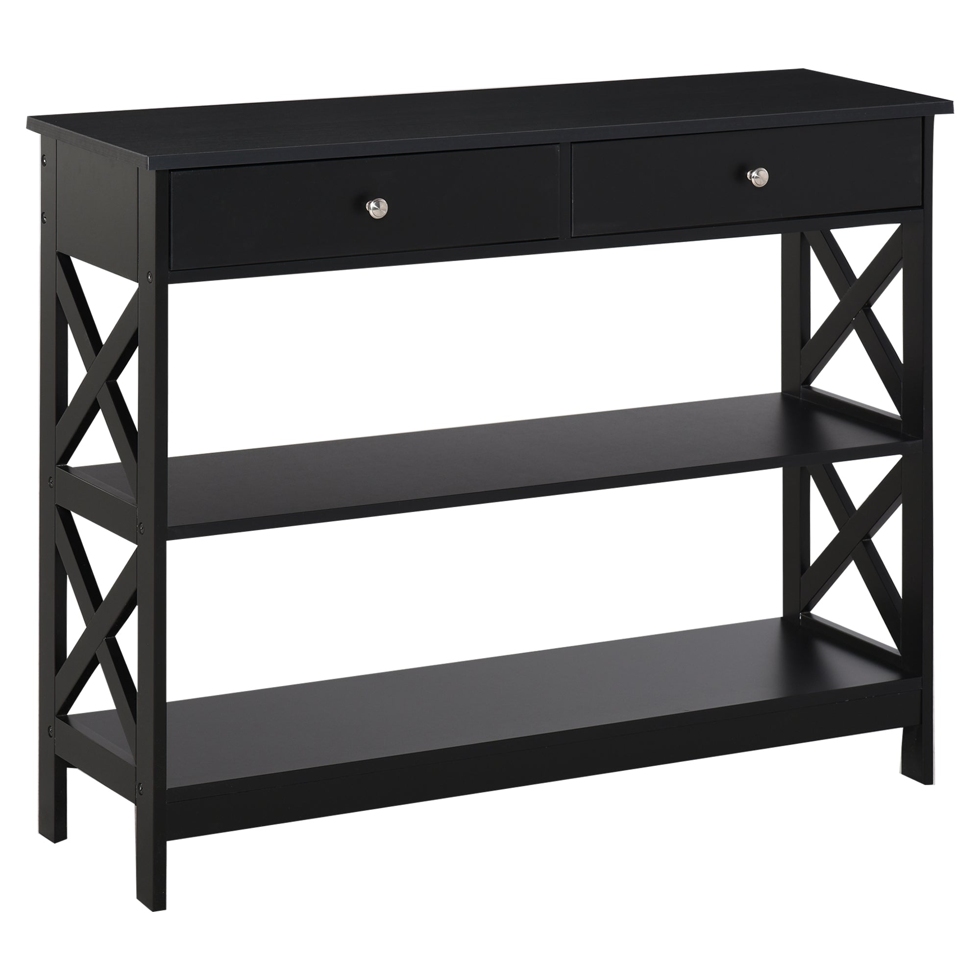 Console Table Side Desk w/ Shelves Drawers Open Top X Support Frame Living Room Hallway Home Office Furniture Black