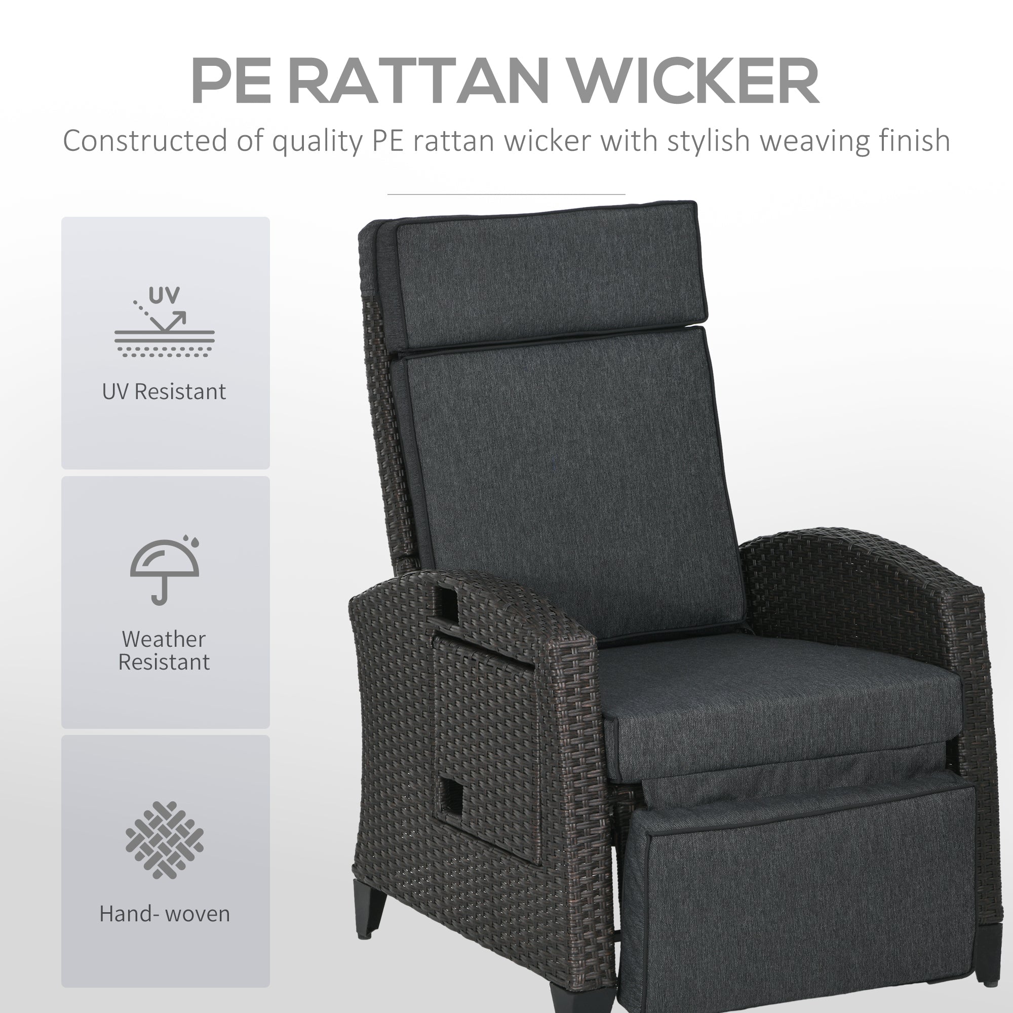 Outdoor Recliner Chair with Adjustable Backrest and Footrest, Cushion, Side Tray, Grey