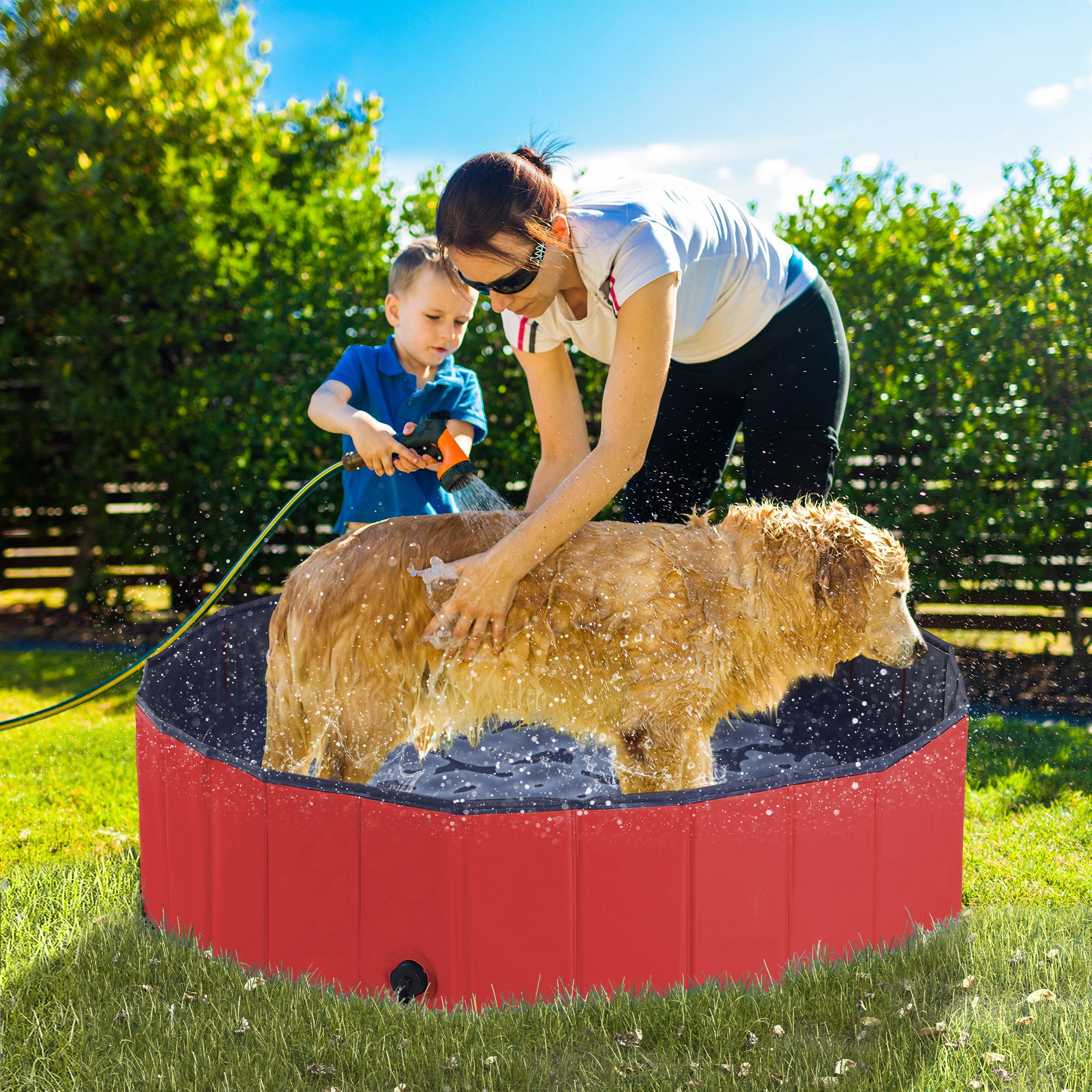 Pet Swimming Pool, Foldable, 120 cm Diameter-Red