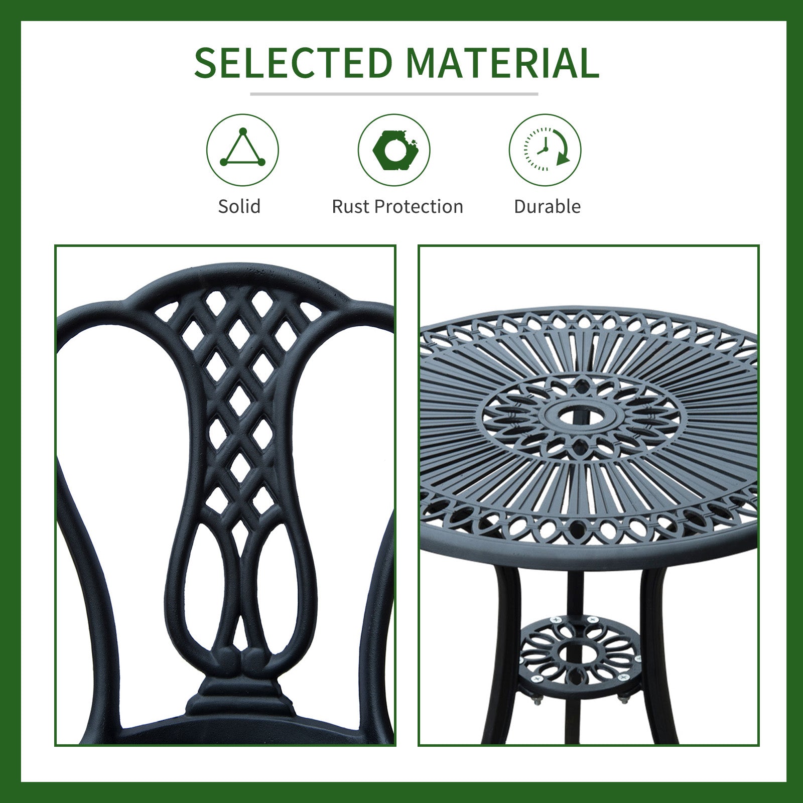 3 Piece Patio Cast Aluminium Bistro Set Garden Outdoor Furniture Table and Chairs Shabby Chic Style