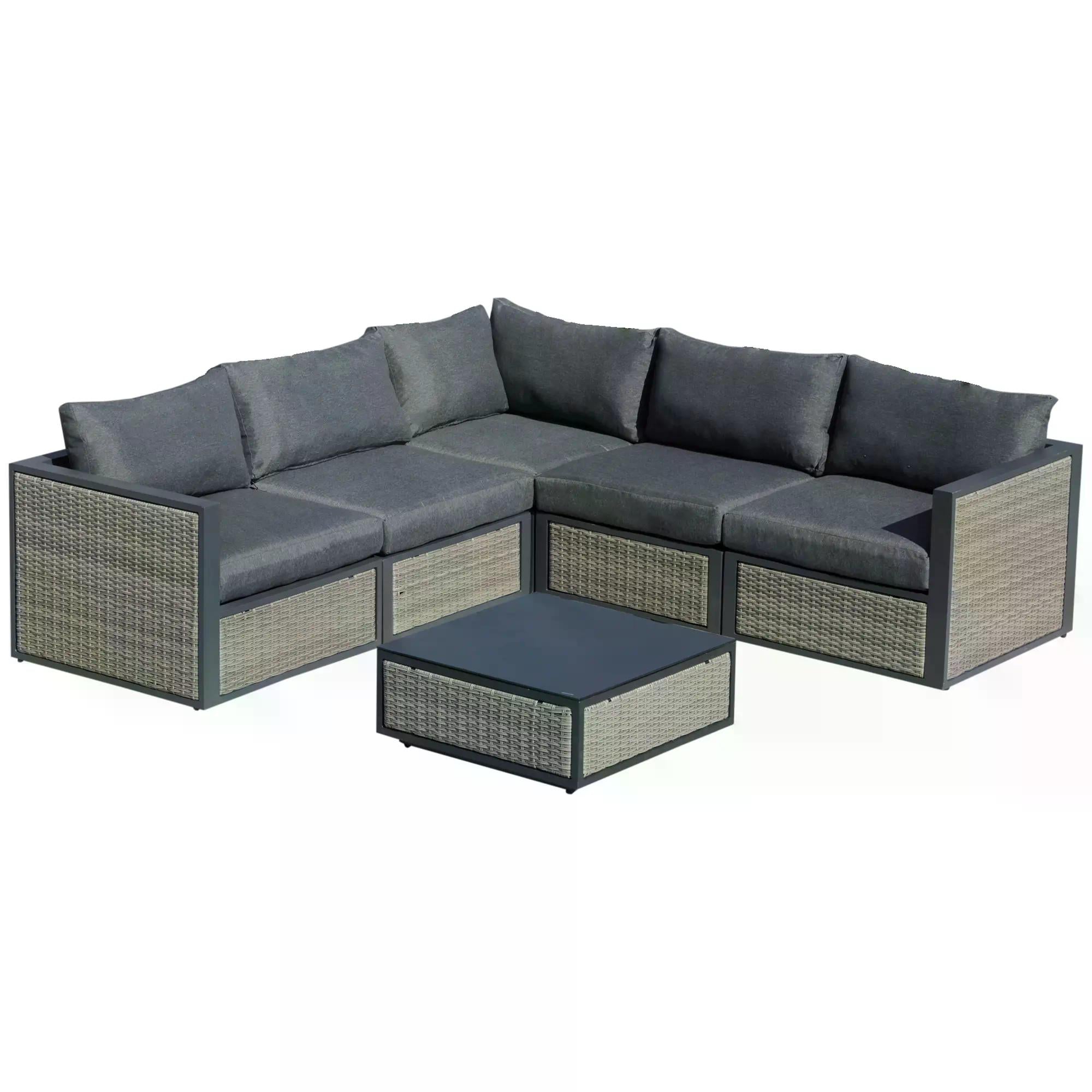 5-Seater Garden PE Rattan Sofa Sofa Set w/ Coffee Table and Padded Cushion, Grey