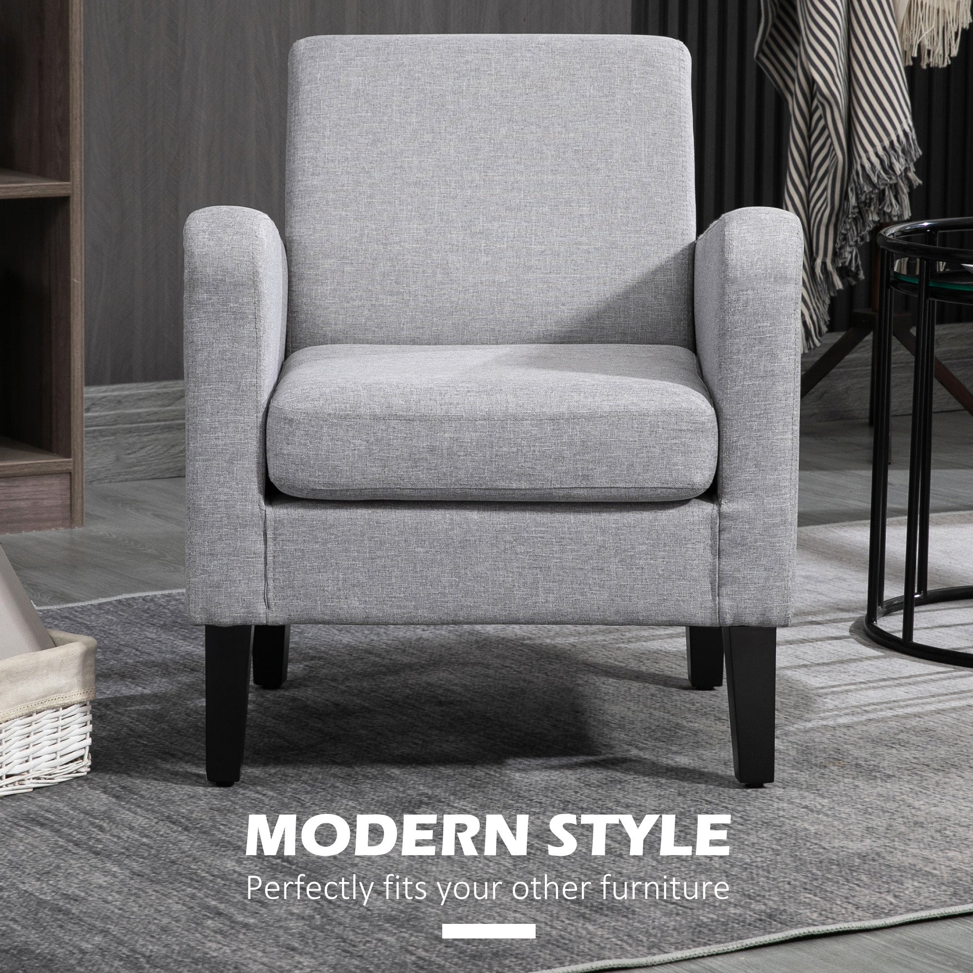 Modern Accent Chair, Occasional Chair with Rubber Wood Legs for Living Room, Bedroom, Light Grey