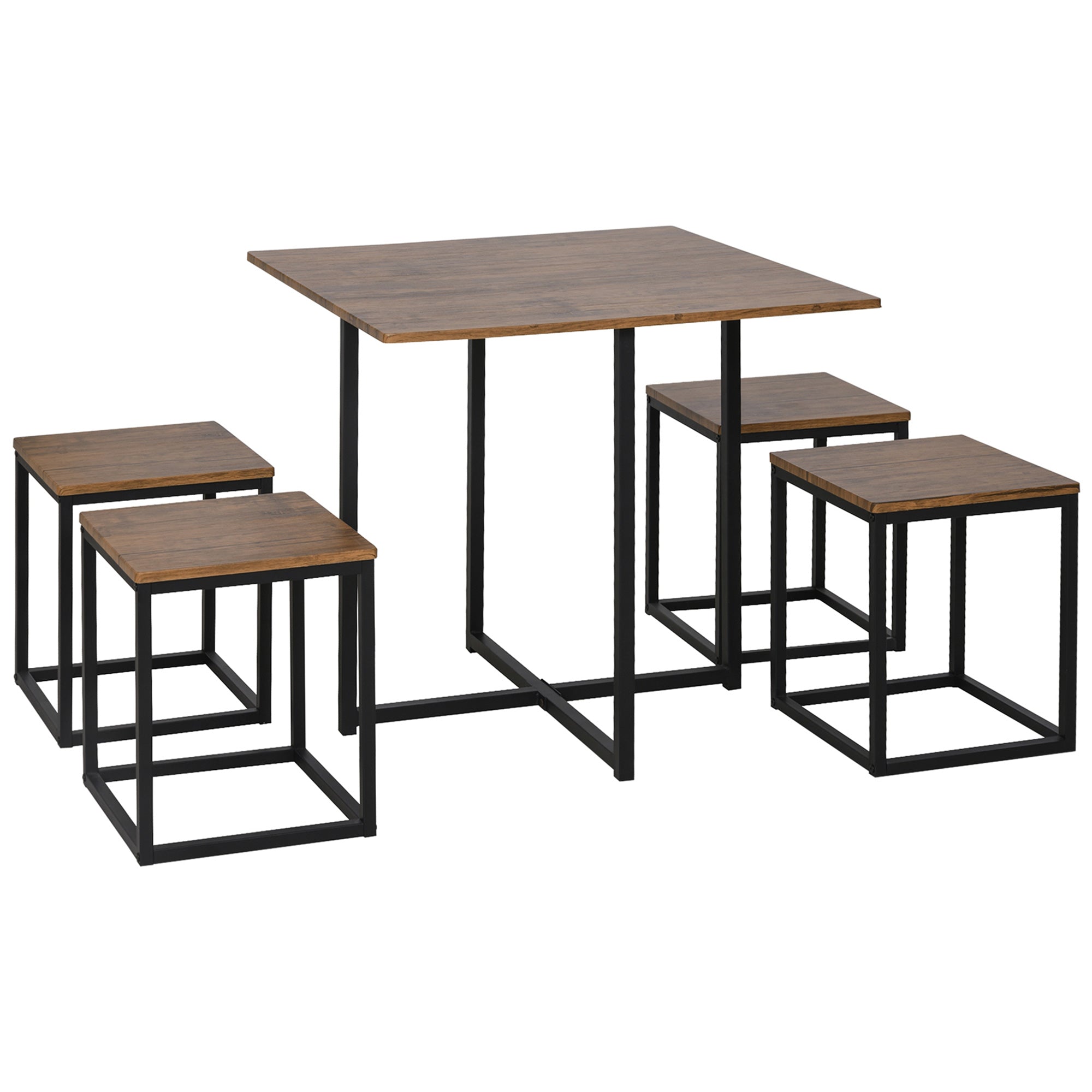 5 PCS Industrial Table & Stool Set w/ Metal Frame Home Dining Stylish Square Compact Seating Chair Beautiful Cool Black Brown