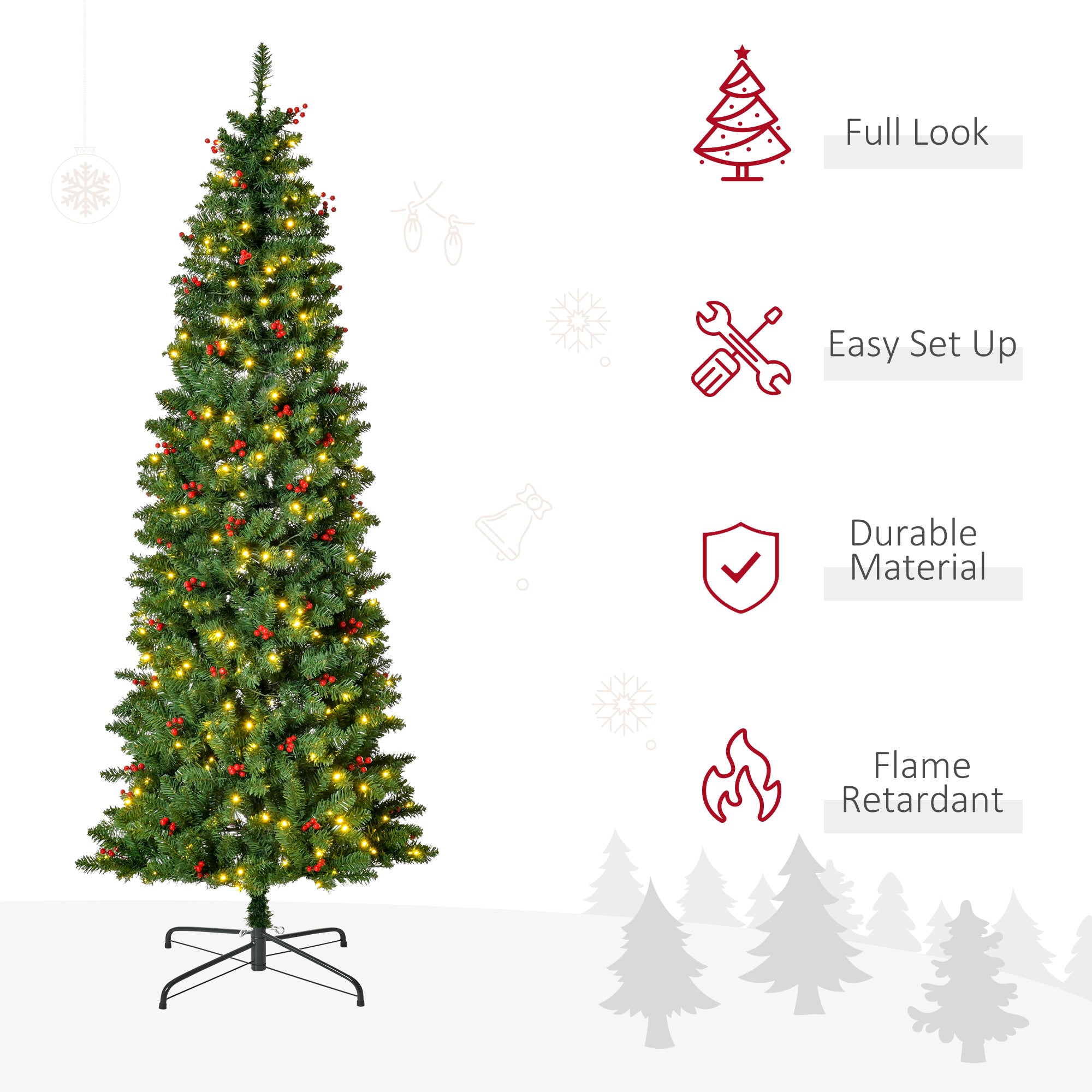 7FT Prelit Artificial Pencil Christmas Tree with Warm White LED Light, Red Berry, Holiday Home Xmas Decoration, Green