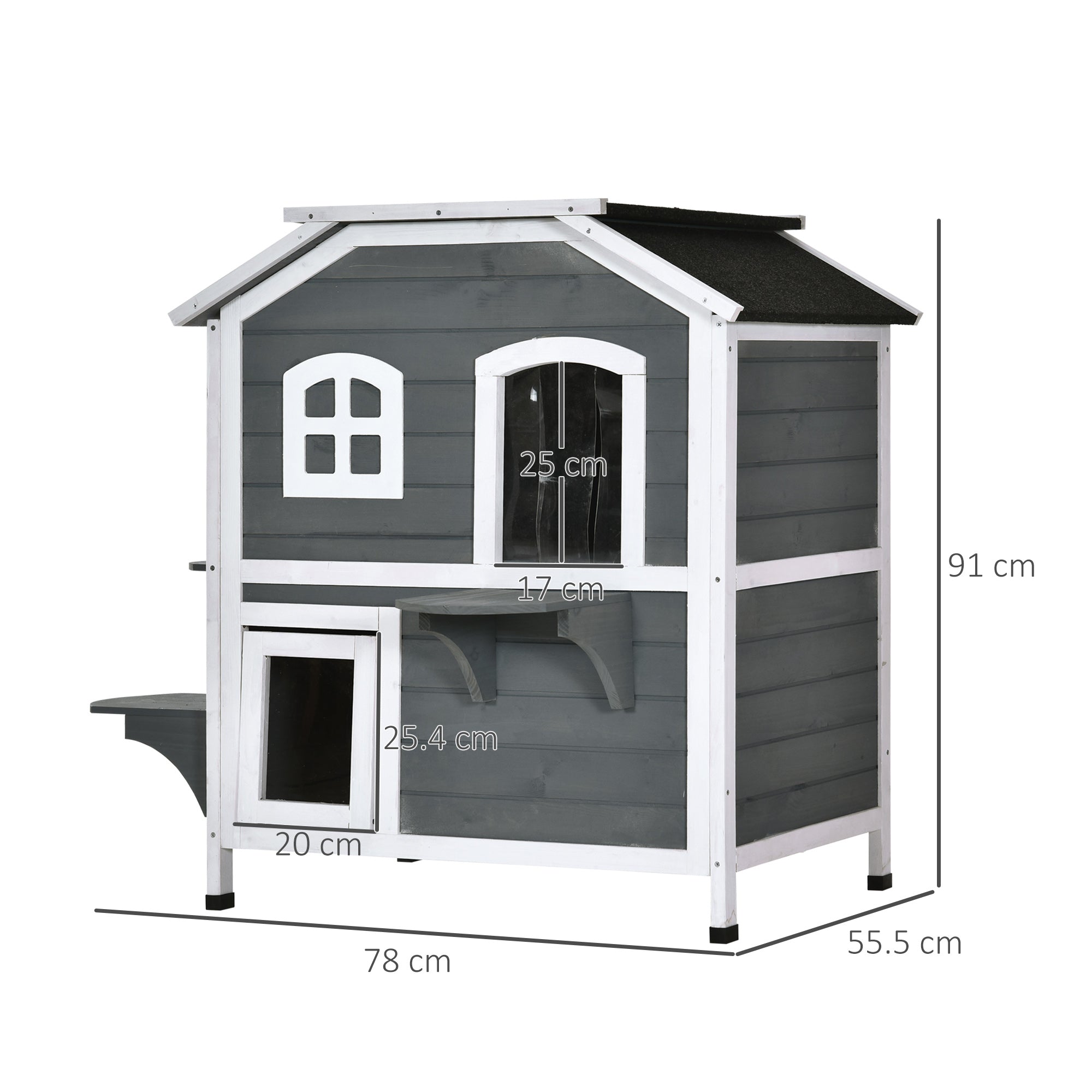 Solid Wood Cat Condos Pet House Water Proof Outdoor 2-Floor Villa, Grey