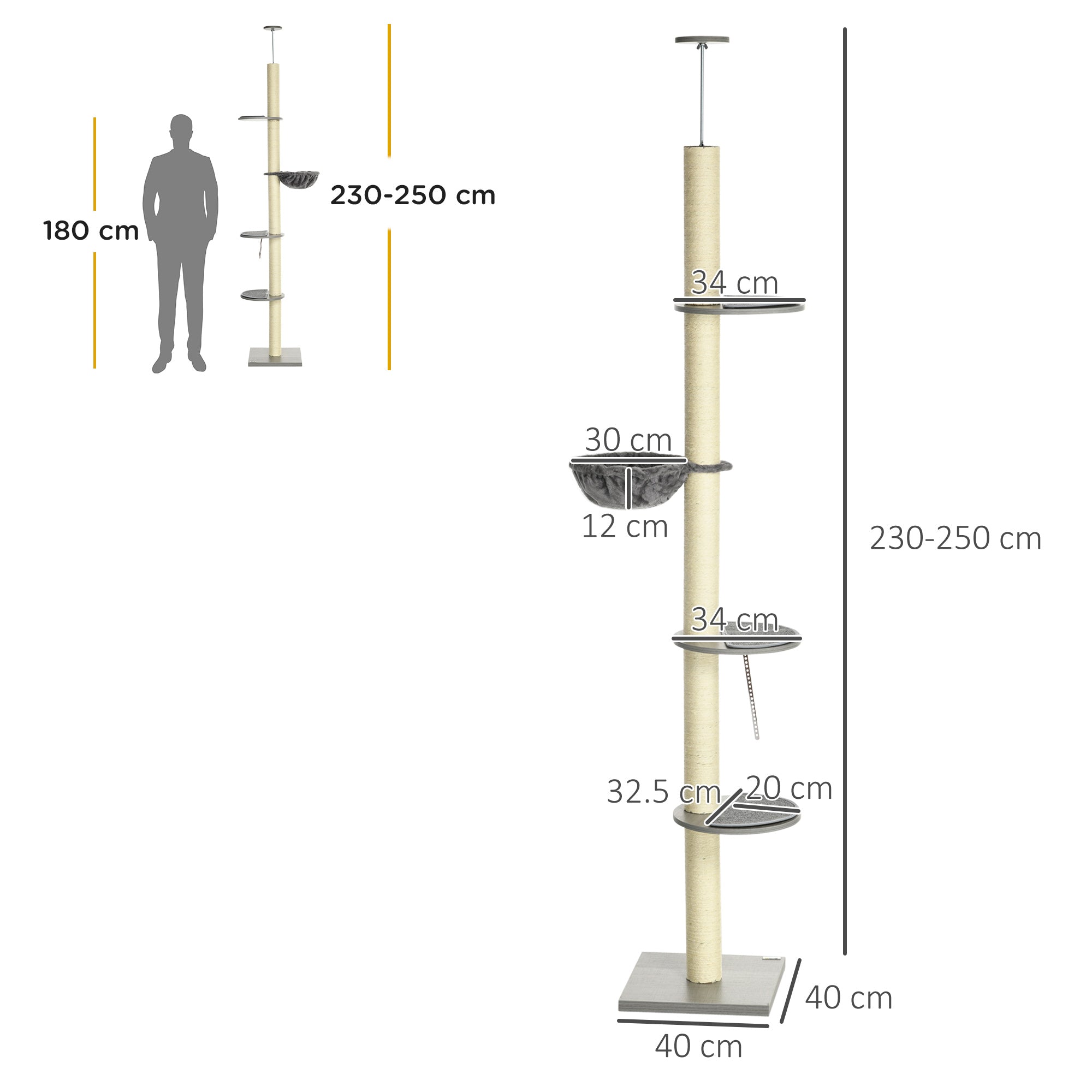 250cm Floor to Ceiling Cat Tree with Hammock, Scratching Post