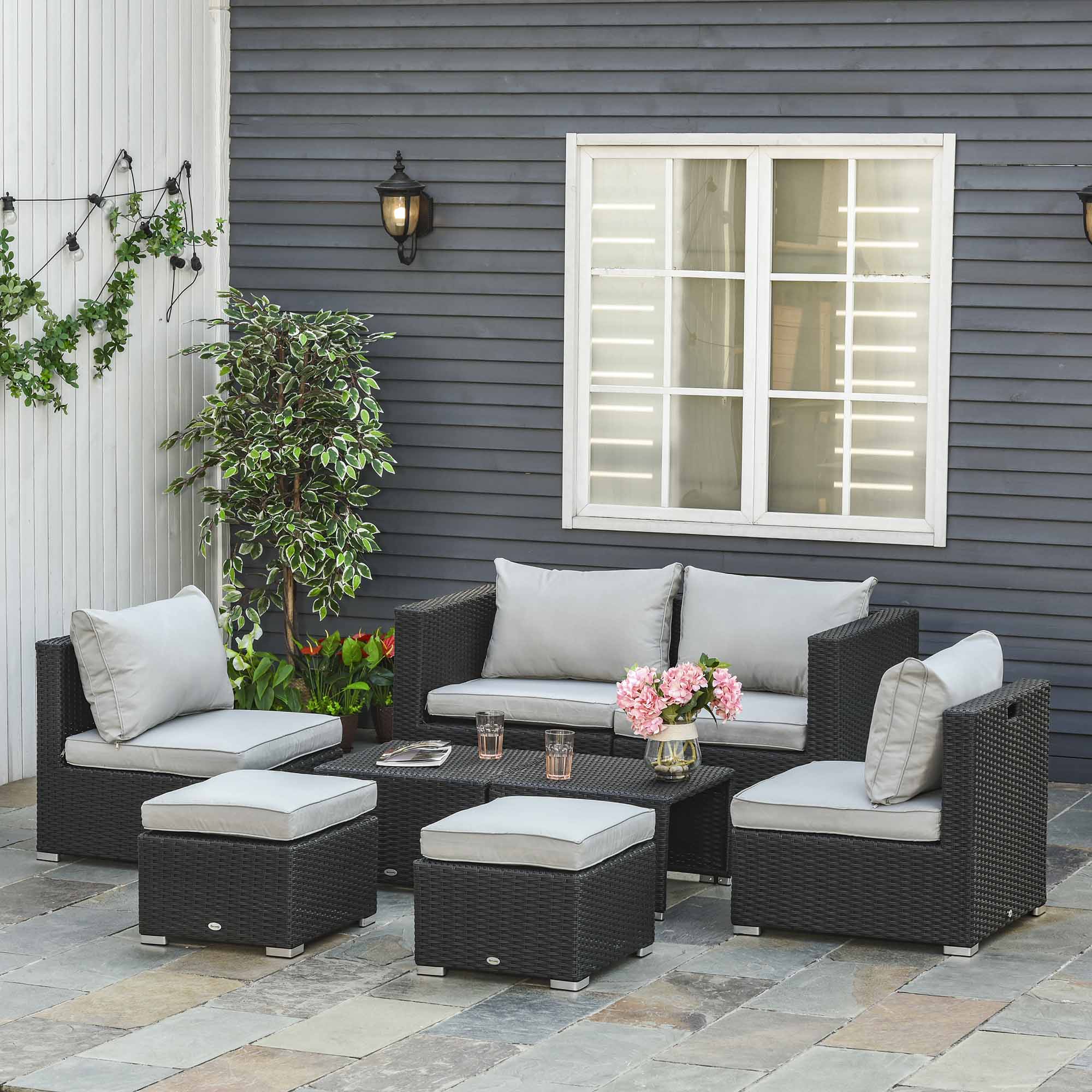 6-Seater Garden Rattan Wicker Sofa Set w/ Coffee Table, Wicker Weave Chair, Space-saving Footstool, Padded Cushions, Black