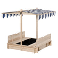 Children's Square Wooden Cabana Sandbox with Adjustable Canopy 106x106x121cm - Natural Wood, Blue & White