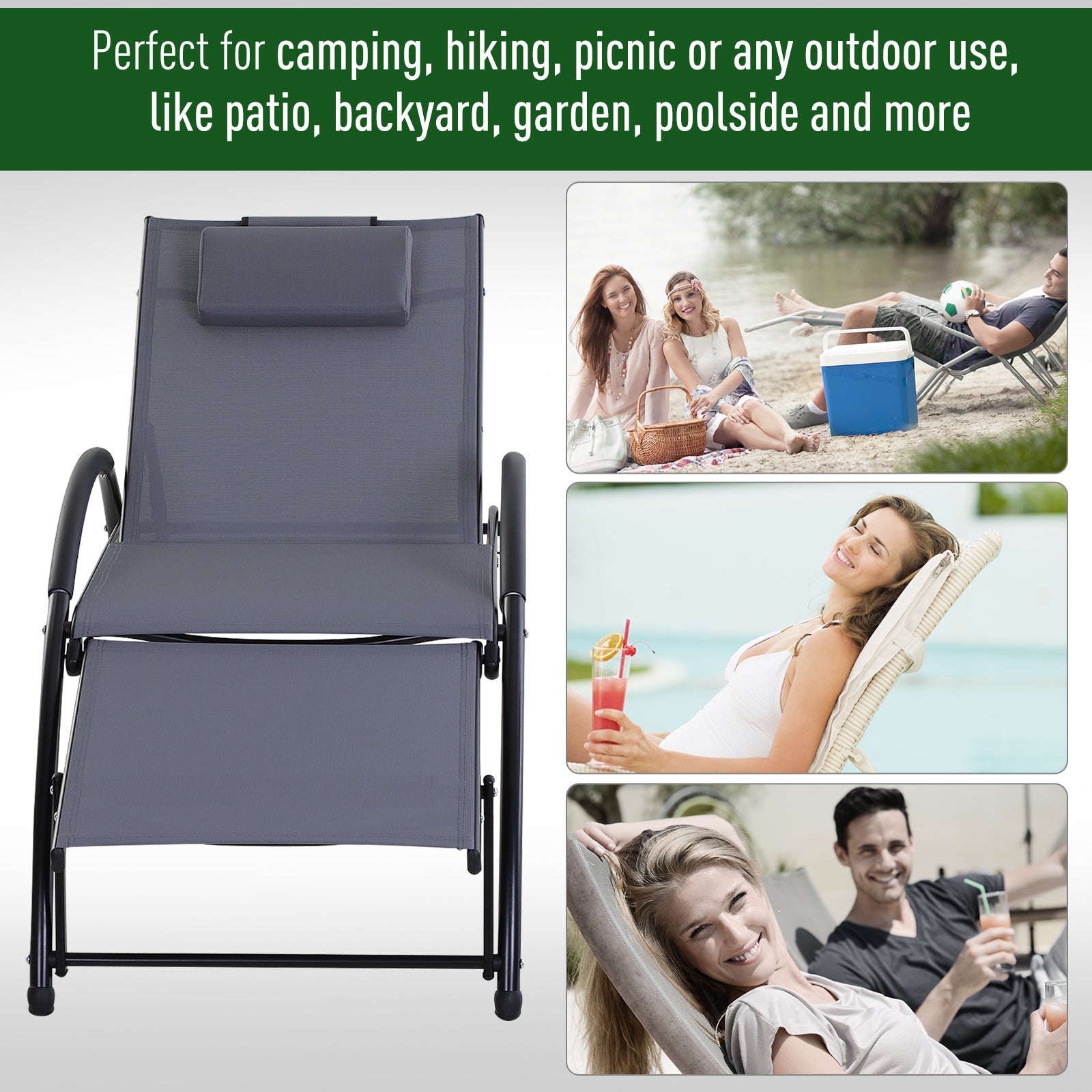 Garden Patio Sun Lounger Half Circle Armrest Adjustable Head Footrest Aluminium Frame Textline Seat &Pillow Garden Outdoor - Grey