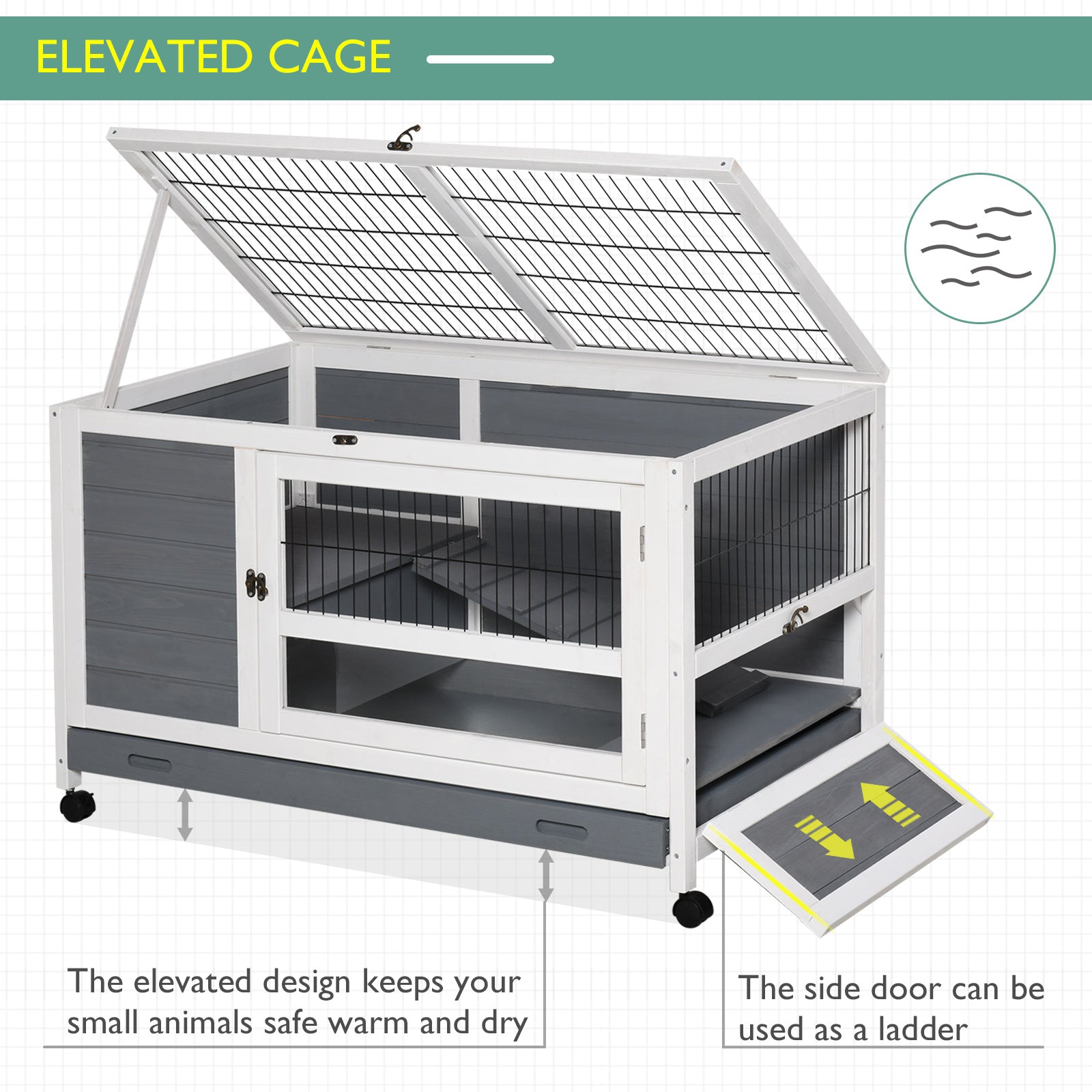 Wooden Guinea Pigs Hutches Elevated Pet Bunny House Rabbit Cage with Slide-Out Tray Indoor Grey