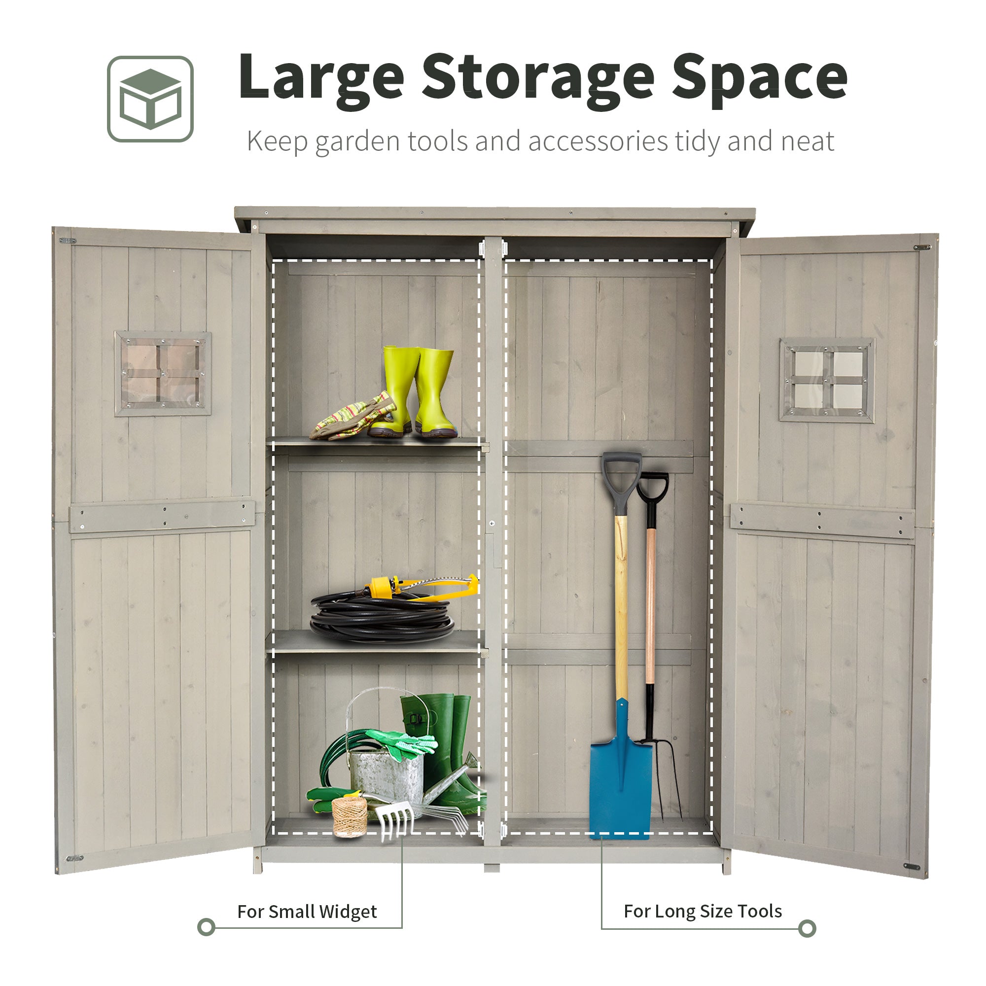 Wooden Garden Shed Tool Storage Wooden Garden Shed w/ Two Windows, Tool Storage Cabinet, 127.5L x 50W x 164H cm, Grey