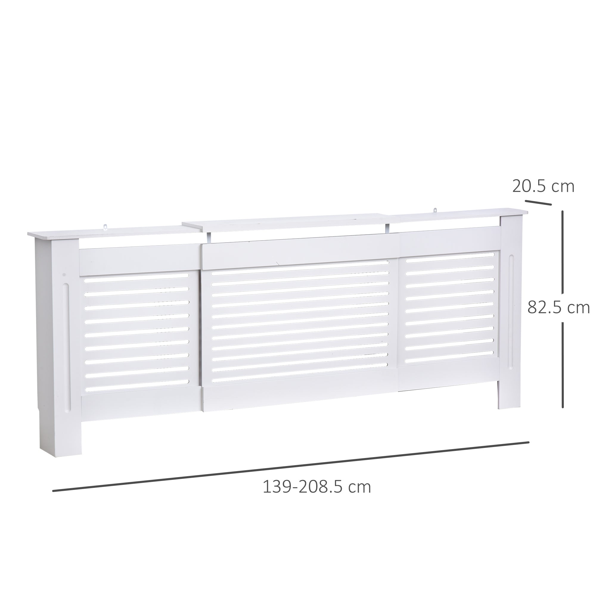 MDF Extendable Radiator Cover Cabinet Shelving Home Office Slatted Design White 139-208.5L x 20.5W x 82.5H cm