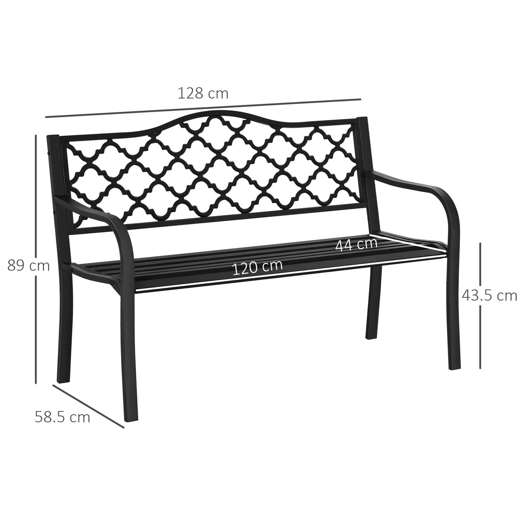 2 Seater Cast Iron Garden Bench with Armrest - Matte Black