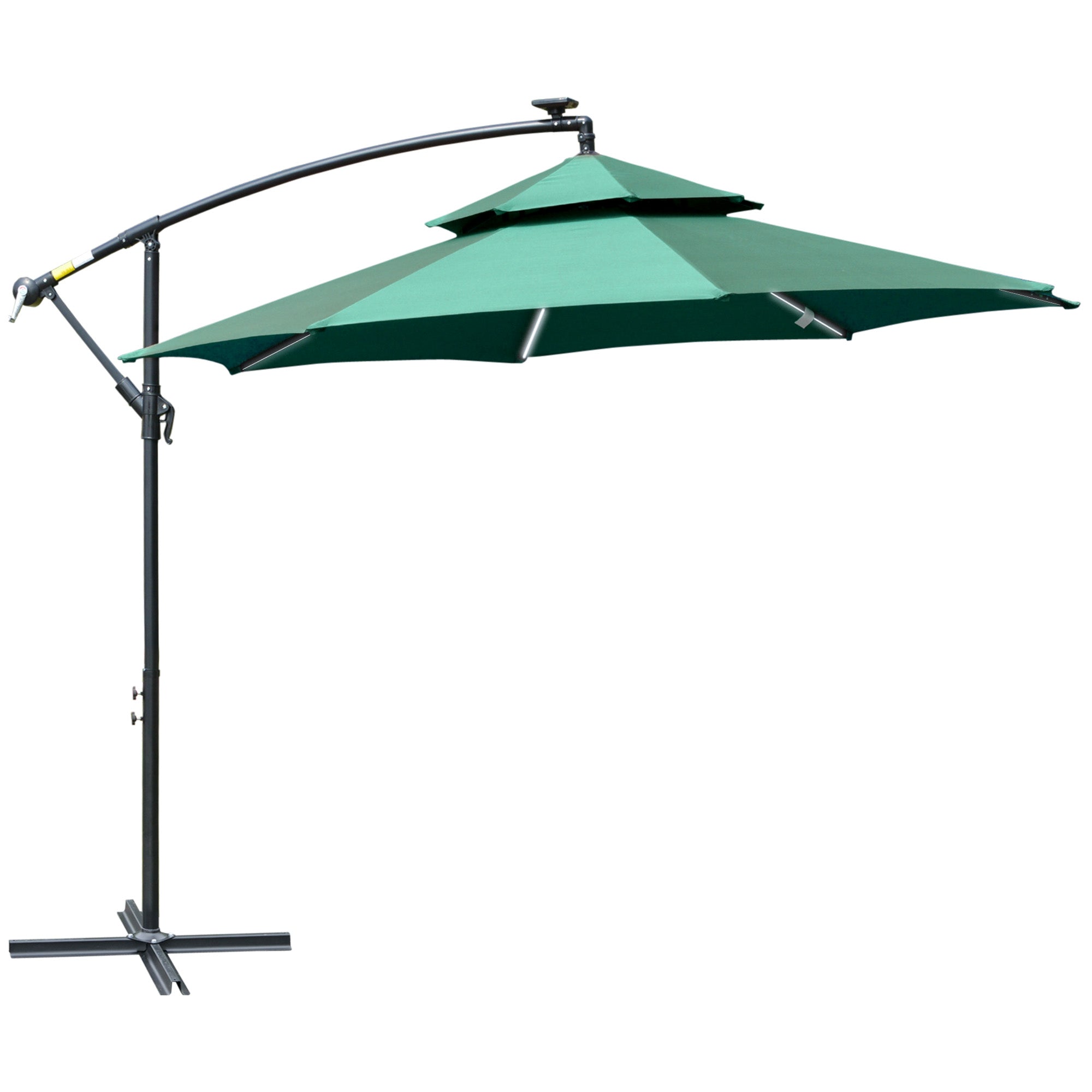 3(m) Cantilever Parasol Banana Hanging Umbrella with Double Roof, LED Solar lights, Crank, 8 Sturdy Ribs and Cross Base Green