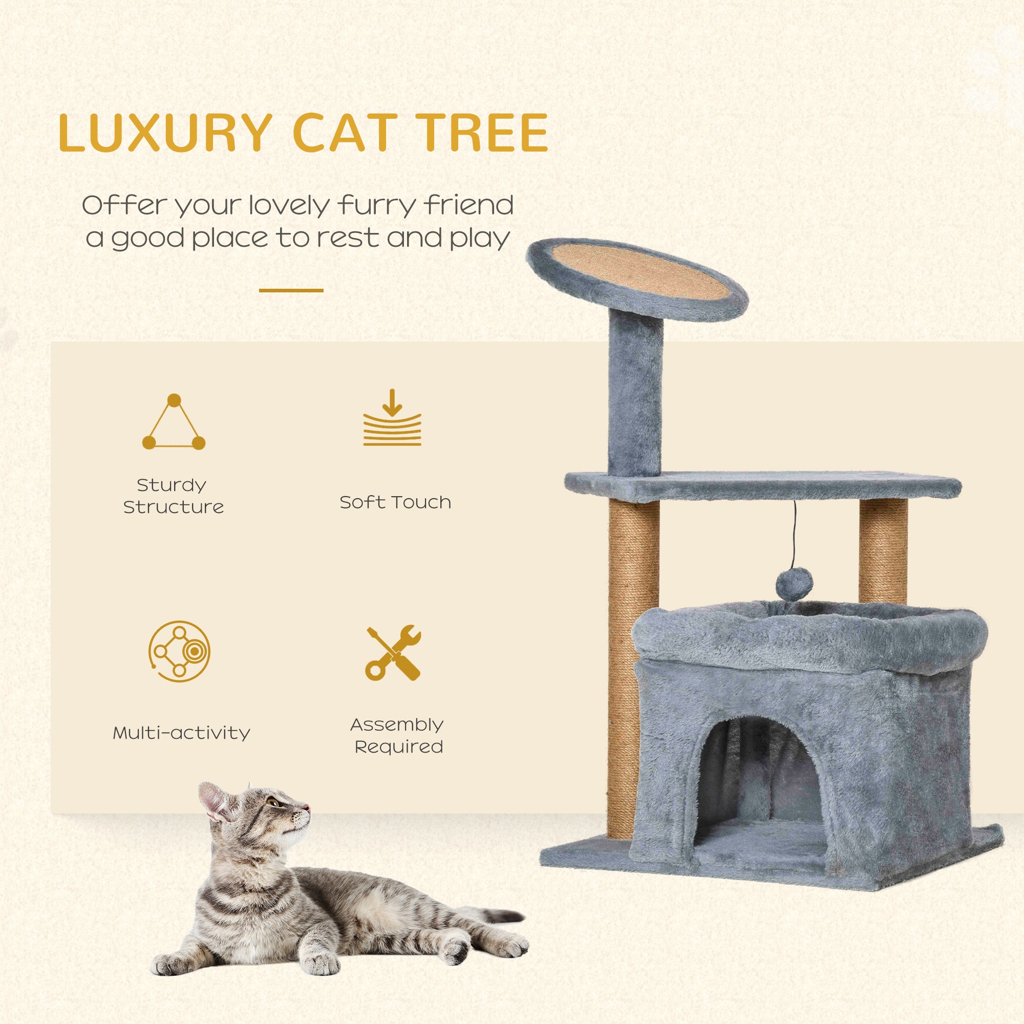 Cat Tree Tower Kitten Activity Center with Scratching Posts Pad Condo Perch Bed Interactive Ball Toy 48 x 48 x 84cm, Grey