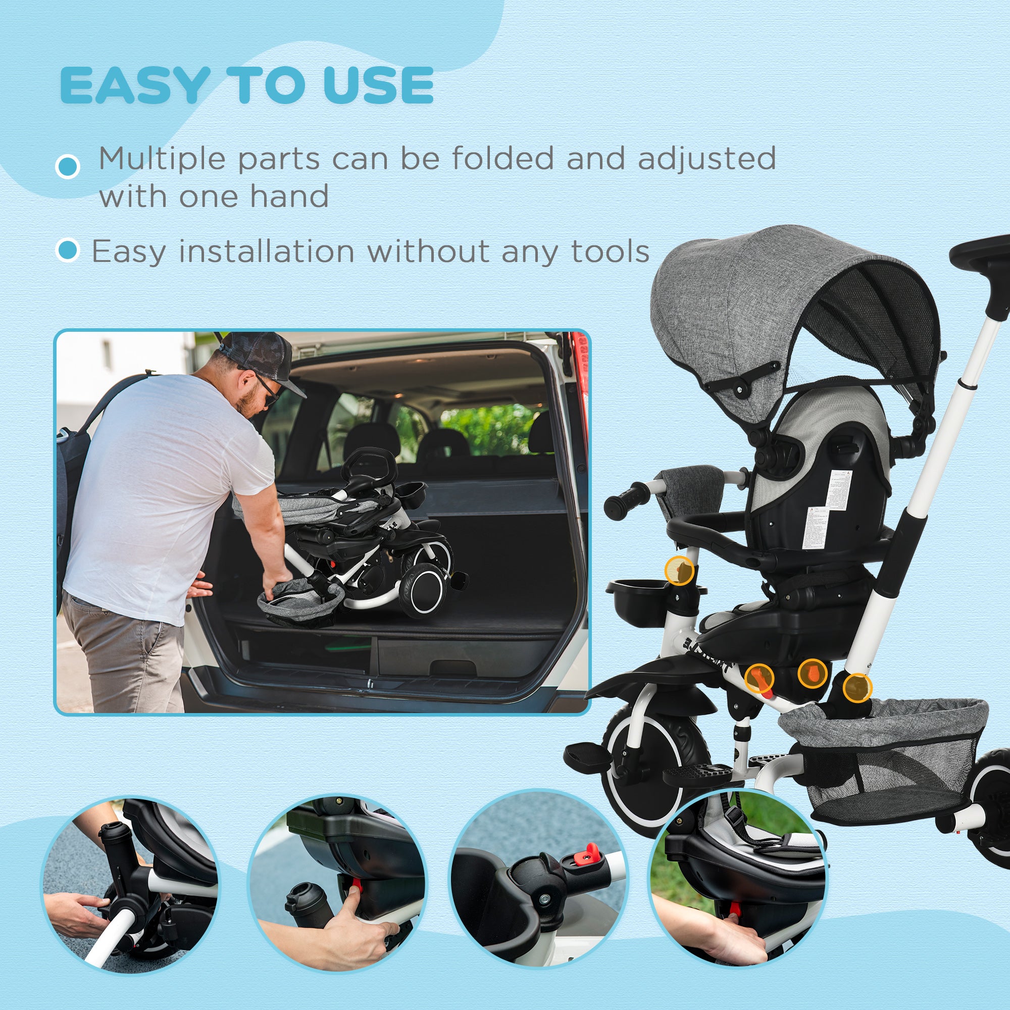 Multifunctional Kids Tricycle, with Rotatable Seat, Adjustable Push Handle - Grey