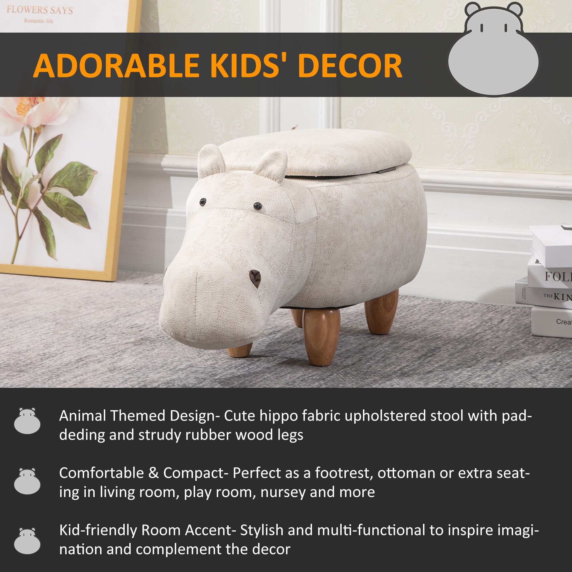 Hippo Storage Stool Cute Decoration Footrest Wood Frame Legs with Padding Lid Ottoman Animal Furniture Cream 36 x 65cm