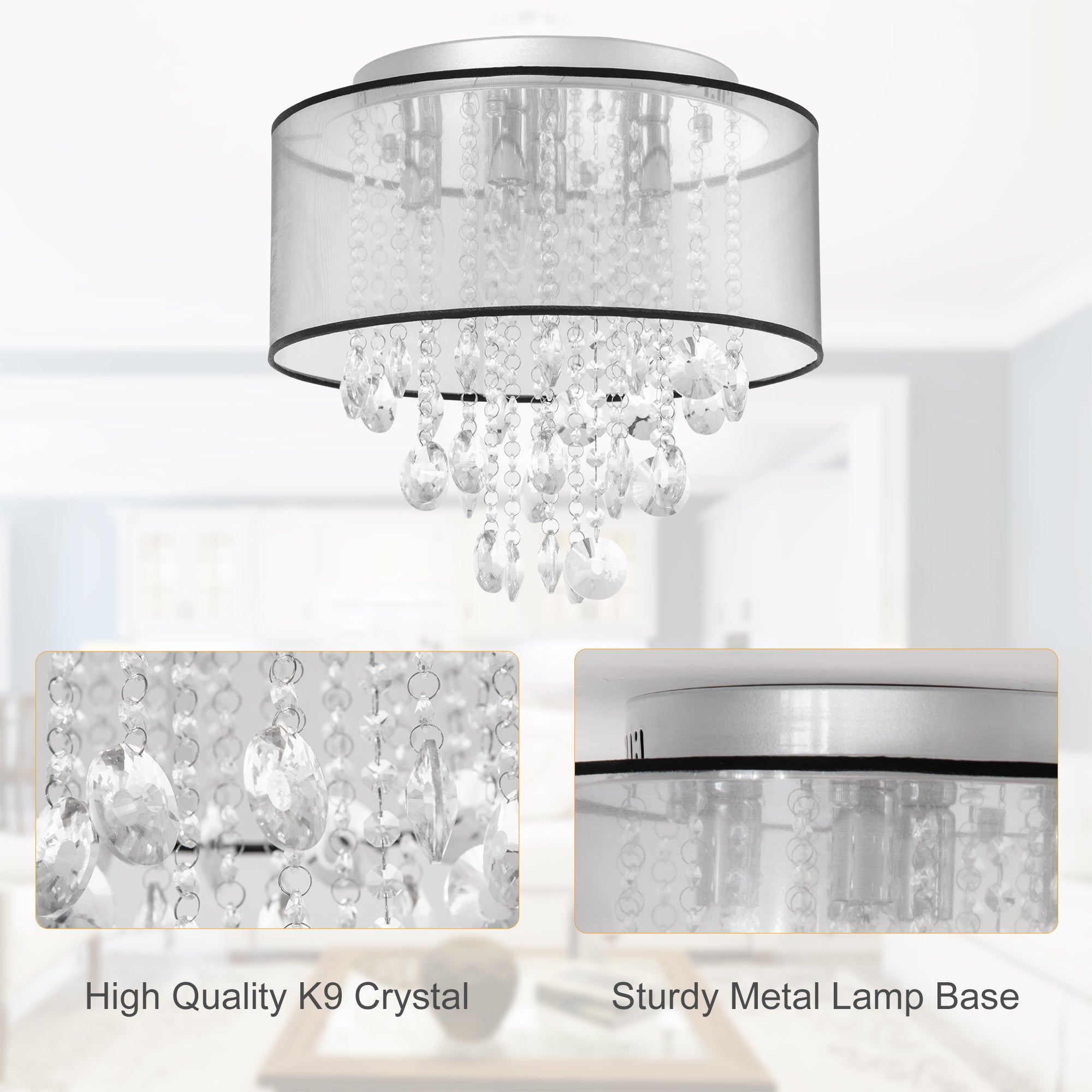 Modern Crystal Chandelier Flush Mount LED Ceiling Light with Drum Shade for Living Room Bedroom Dining Room Silver