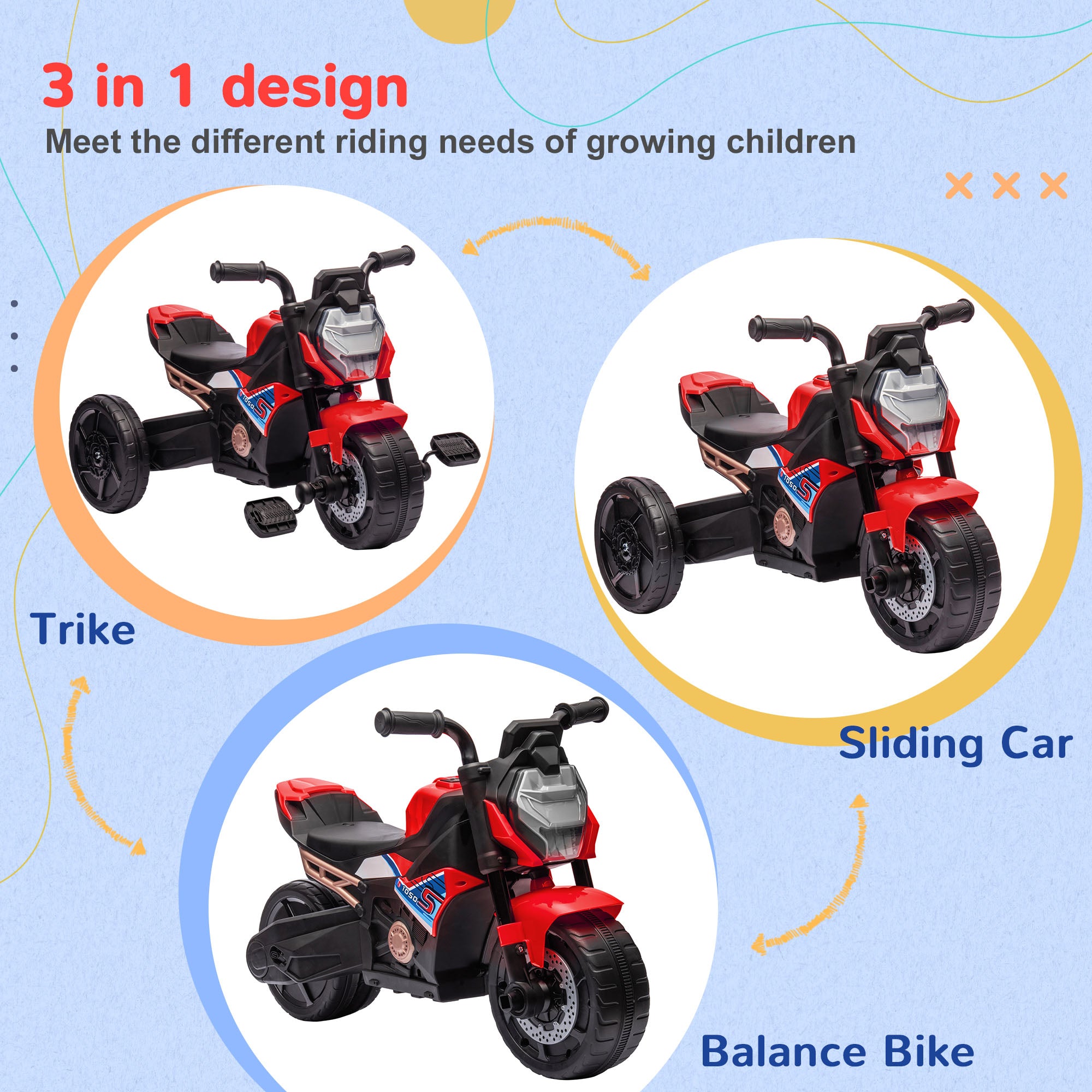 Motorcycle Design 3 in 1 Toddler Trike, Sliding Car, Balance Bike with Headlight, Music, Horn, Red