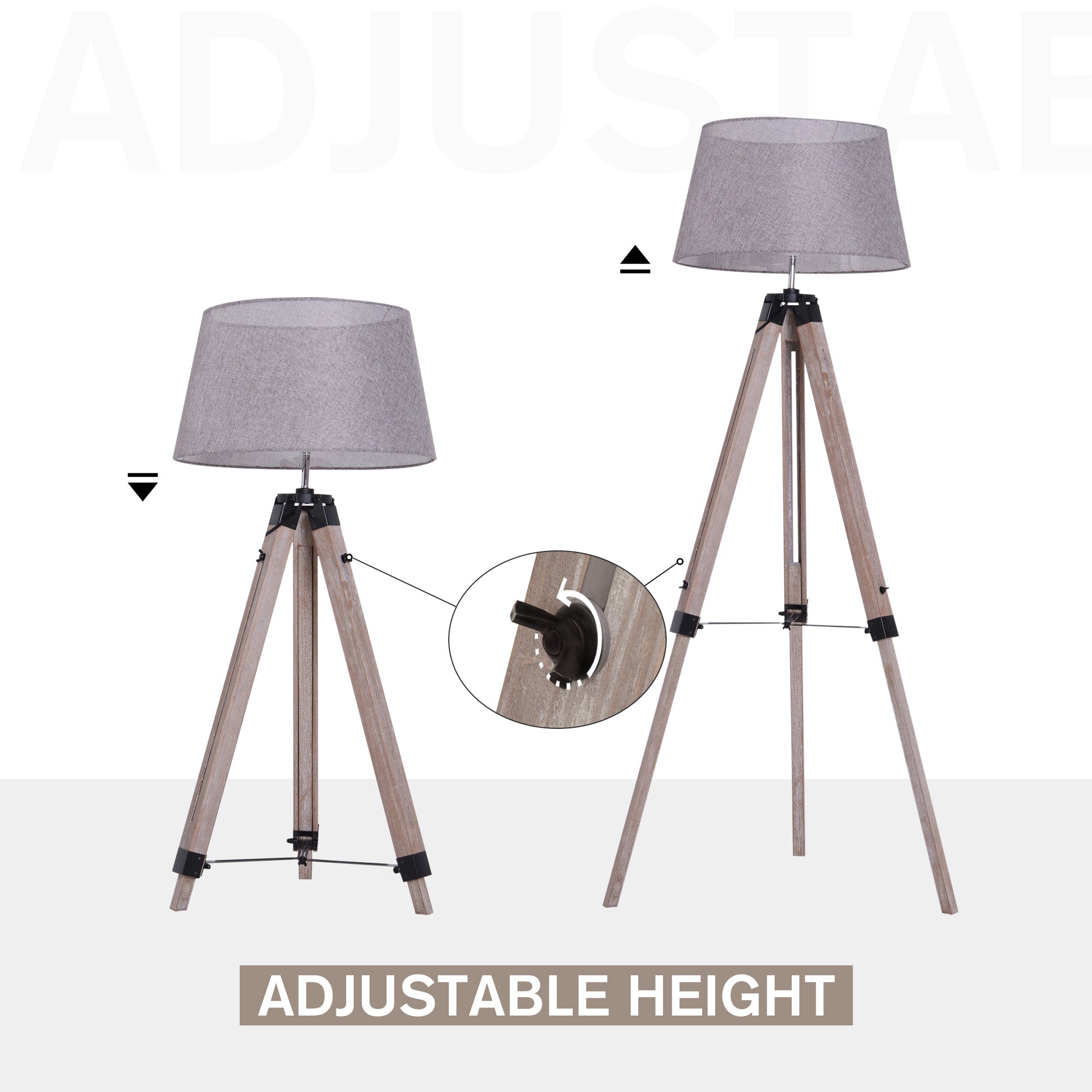 Wooden Adjustable Tripod Free Standing Floor Lamp Bedside Light E27 Bulb Compatible