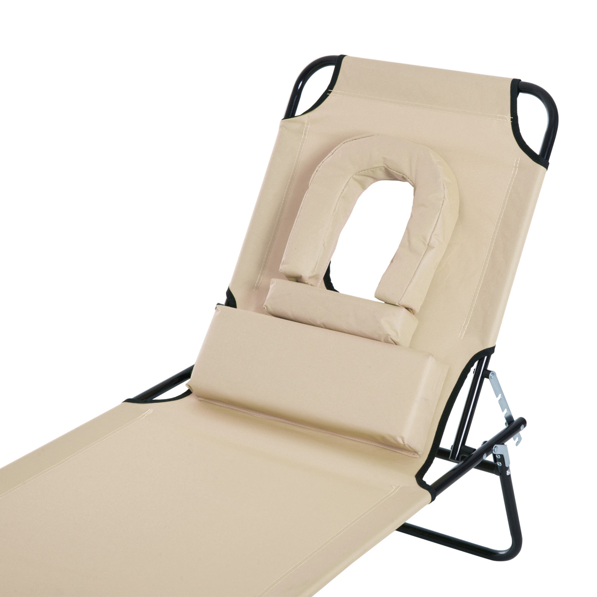 Sun Lounger Foldable Reclining Chair with Pillow and Reading Hole Garden Beach Outdoor Recliner Adjustable Beige