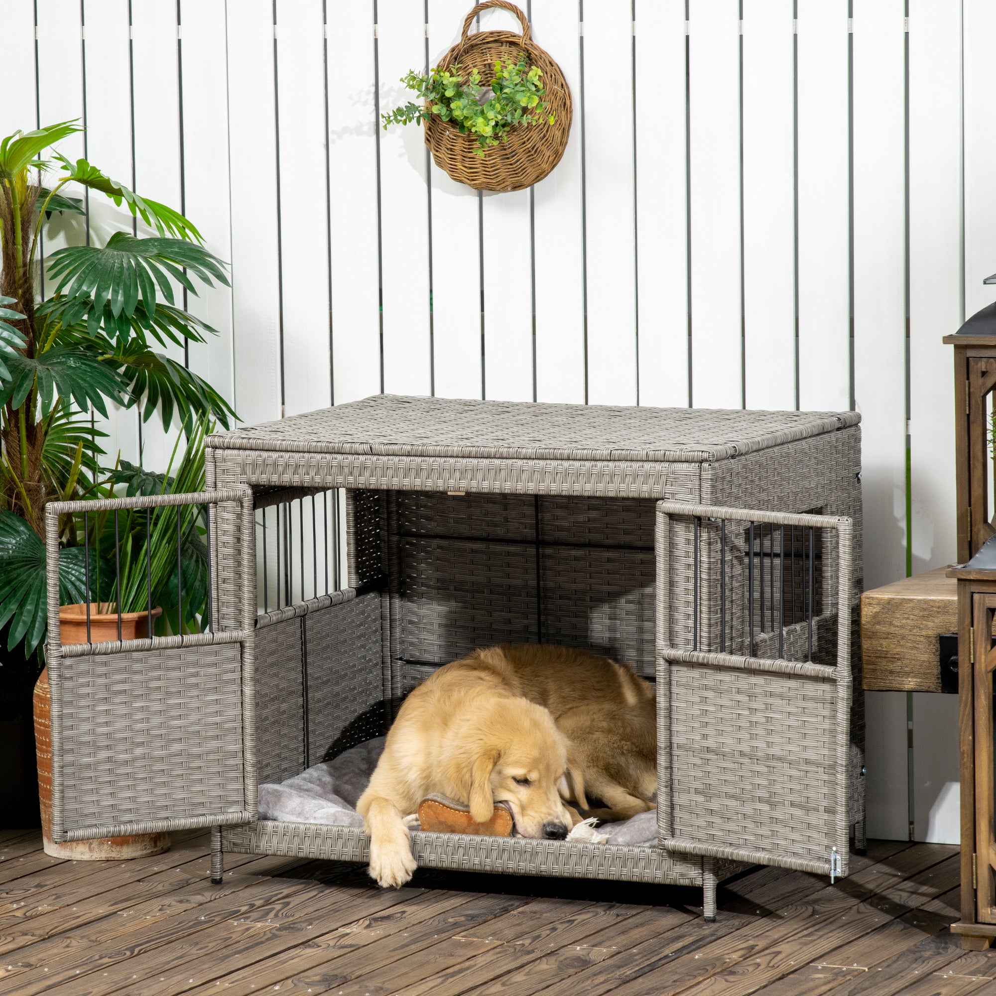 Wicker Dog Cage, Dog Crate with Double Doors and Soft Washable Cushion for Medium to Large Sized Dogs, 85 x 61 x 70 cm