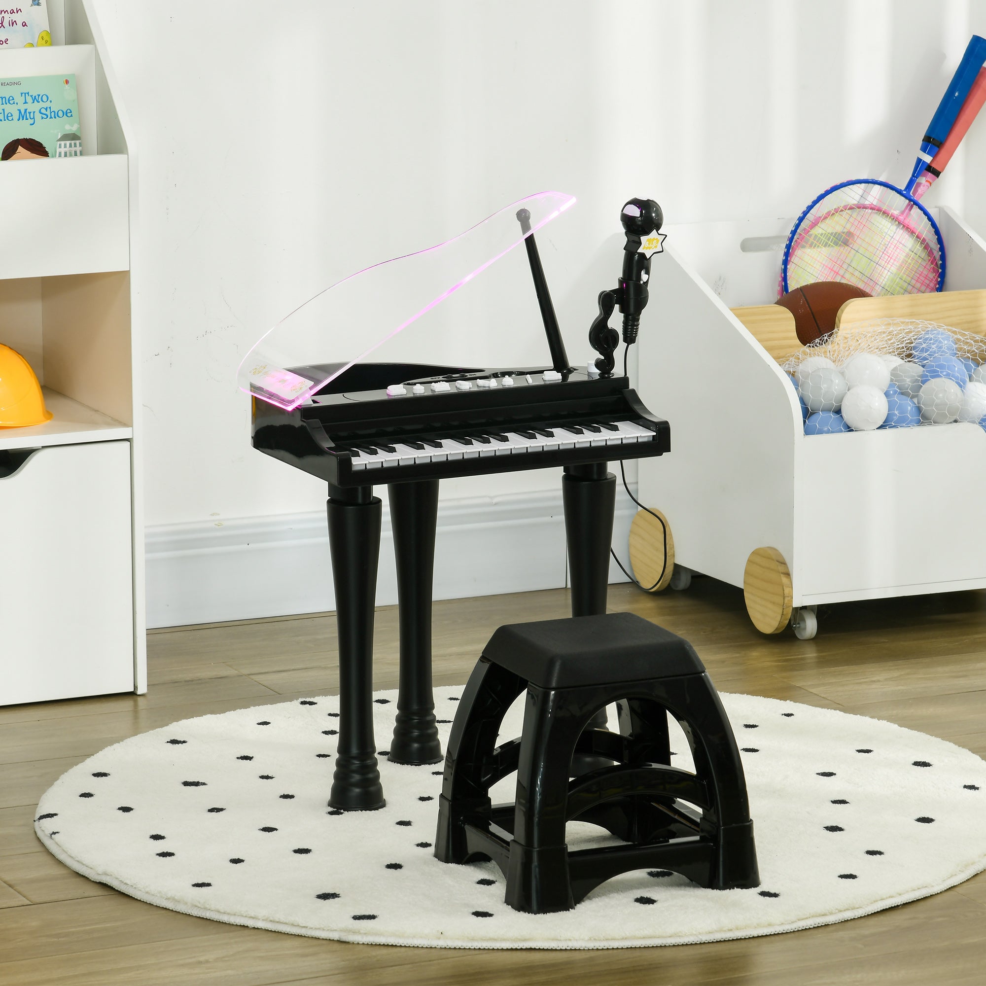 32-Key Kids Piano Keyboard, with Stool, Lights, Microphone, Sounds, Removable Legs - Black