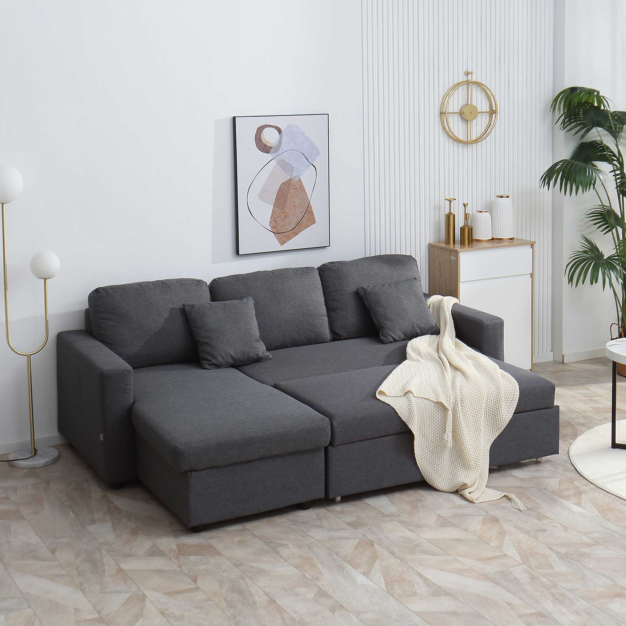 3 Seater Corner Sofa Bed with Storage, L Couches for Living Room with Chaise Lounge, Double Sofa, Grey