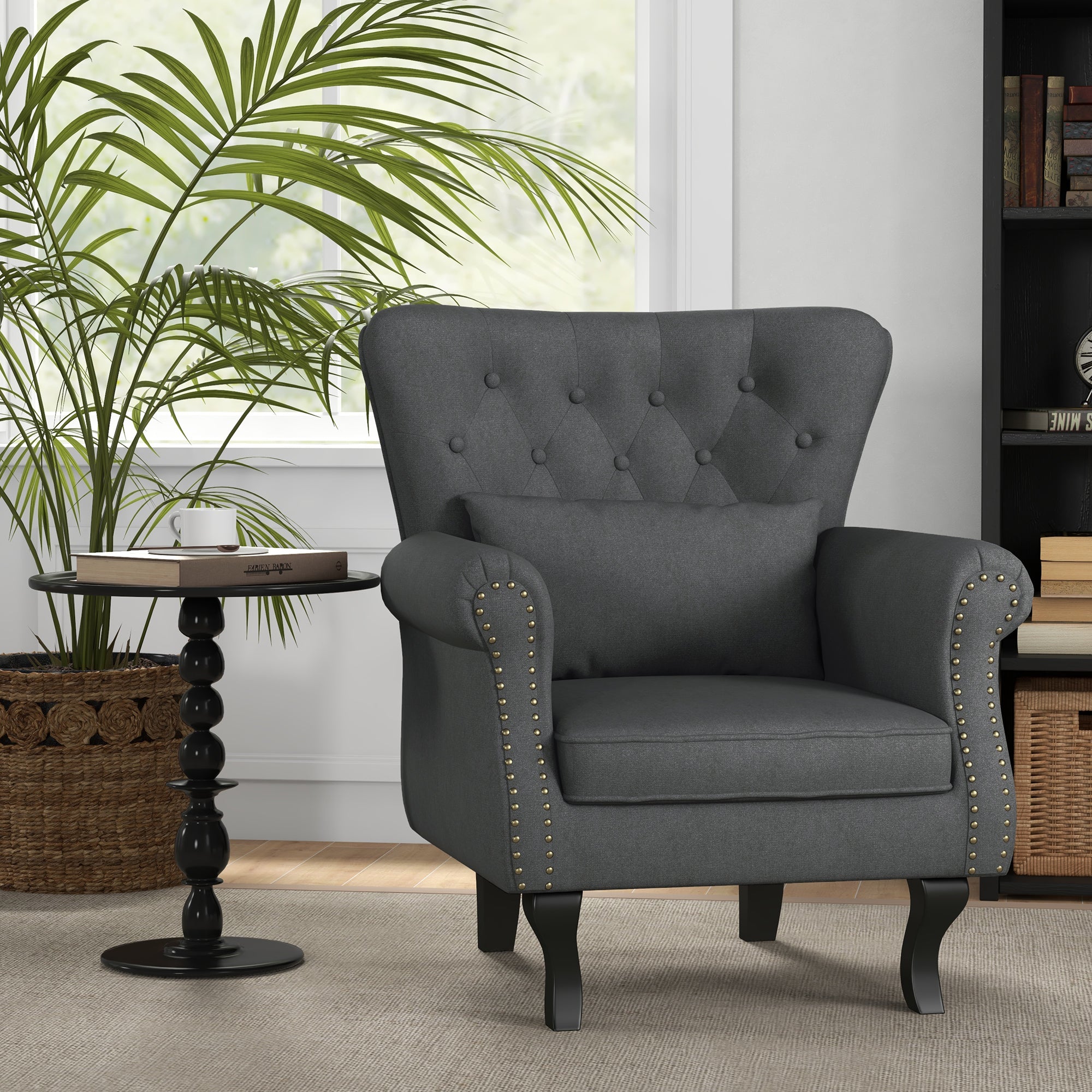 Chesterfield-style Accent Chair, Tufted Wingback Armchair with Pillow, Naihead Trim for Living Room, Bedroom, Dark Grey