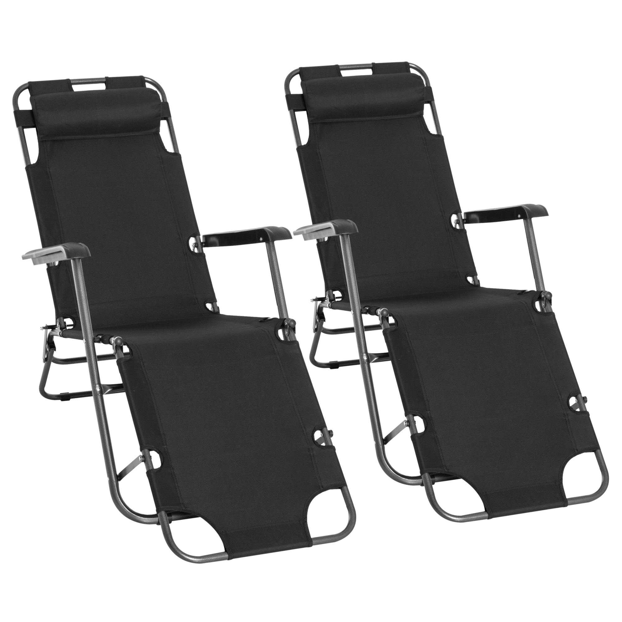 2 Pieces Foldable Sun Loungers with Adjustable Back, Outdoor Reclining Garden Chairs with Pillow and Armrests, Black