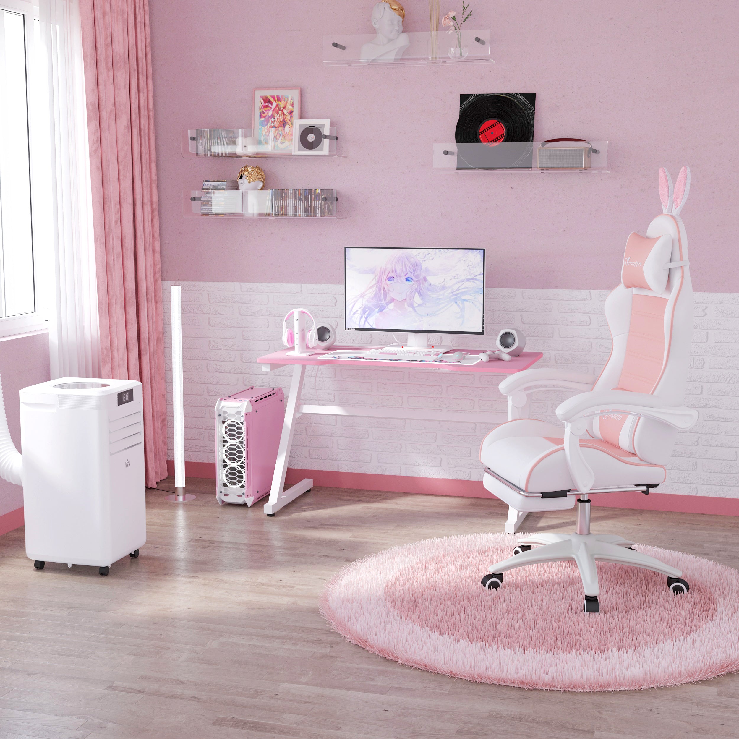 Racing Gaming Chair, Reclining PU Leather Computer Chair with Removable Rabbit Ears, Footrest, Headrest and Lumber Support, Pink