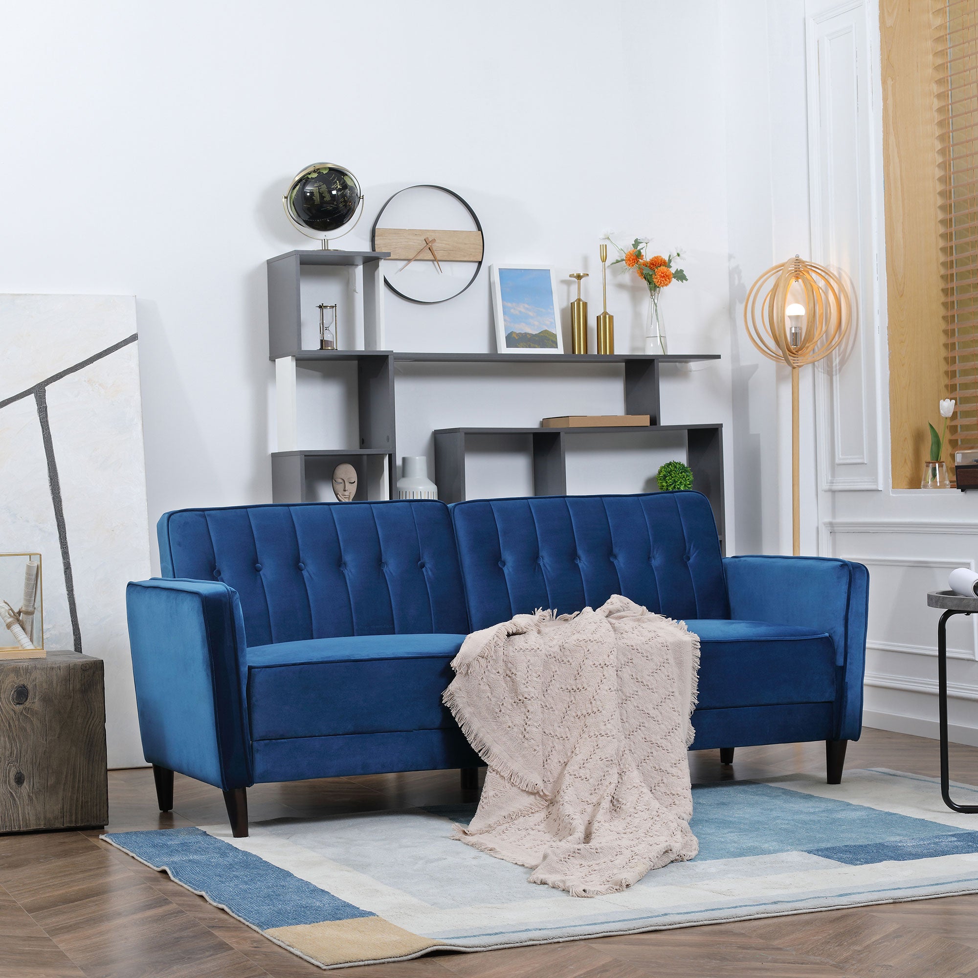 Modern Convertible Sofa Futon Velvet-Touch Tufted Couch Compact Loveseat with Adjustable Split Back, Blue