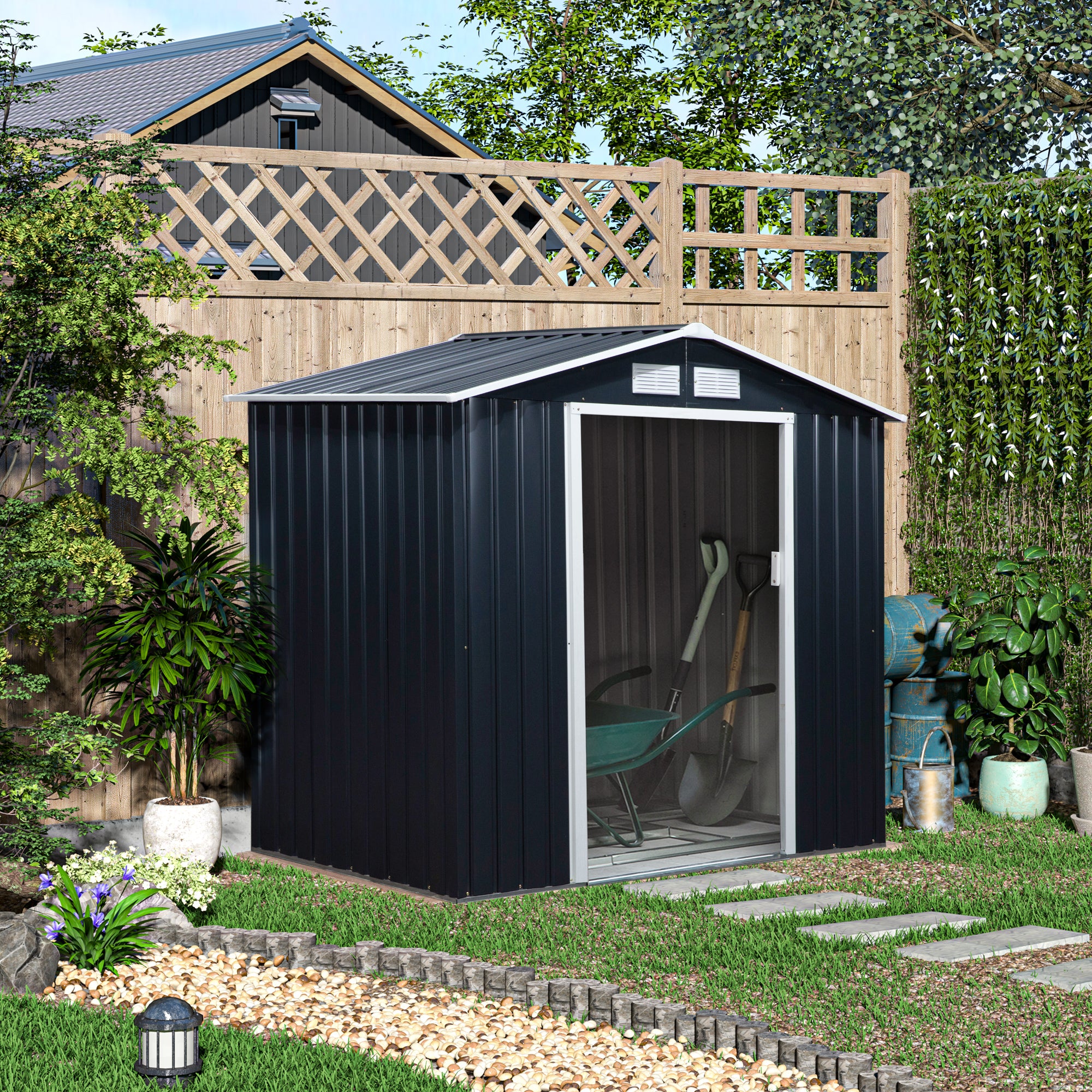 Lockable Garden Shed Large Patio Roofed Tool Metal Storage Building Foundation Sheds Box Outdoor Furniture, 7ft x 4ft, Dark Grey