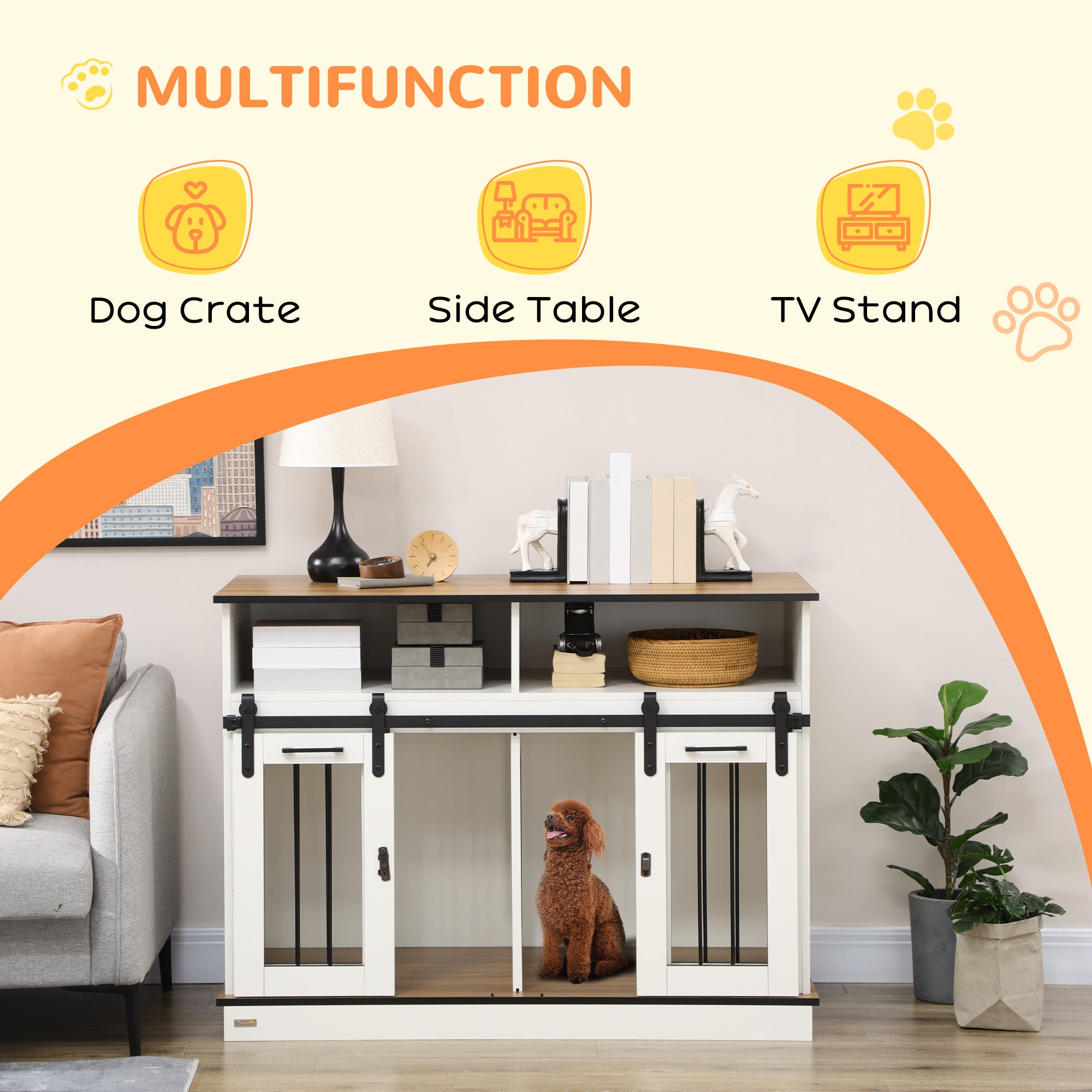 Dog Crate Furniture for Small & Large Dogs with Movable Divider, Dog Cage End Table with Shelves, Sliding Doors, 120 x 60 x 88.5 cm, White